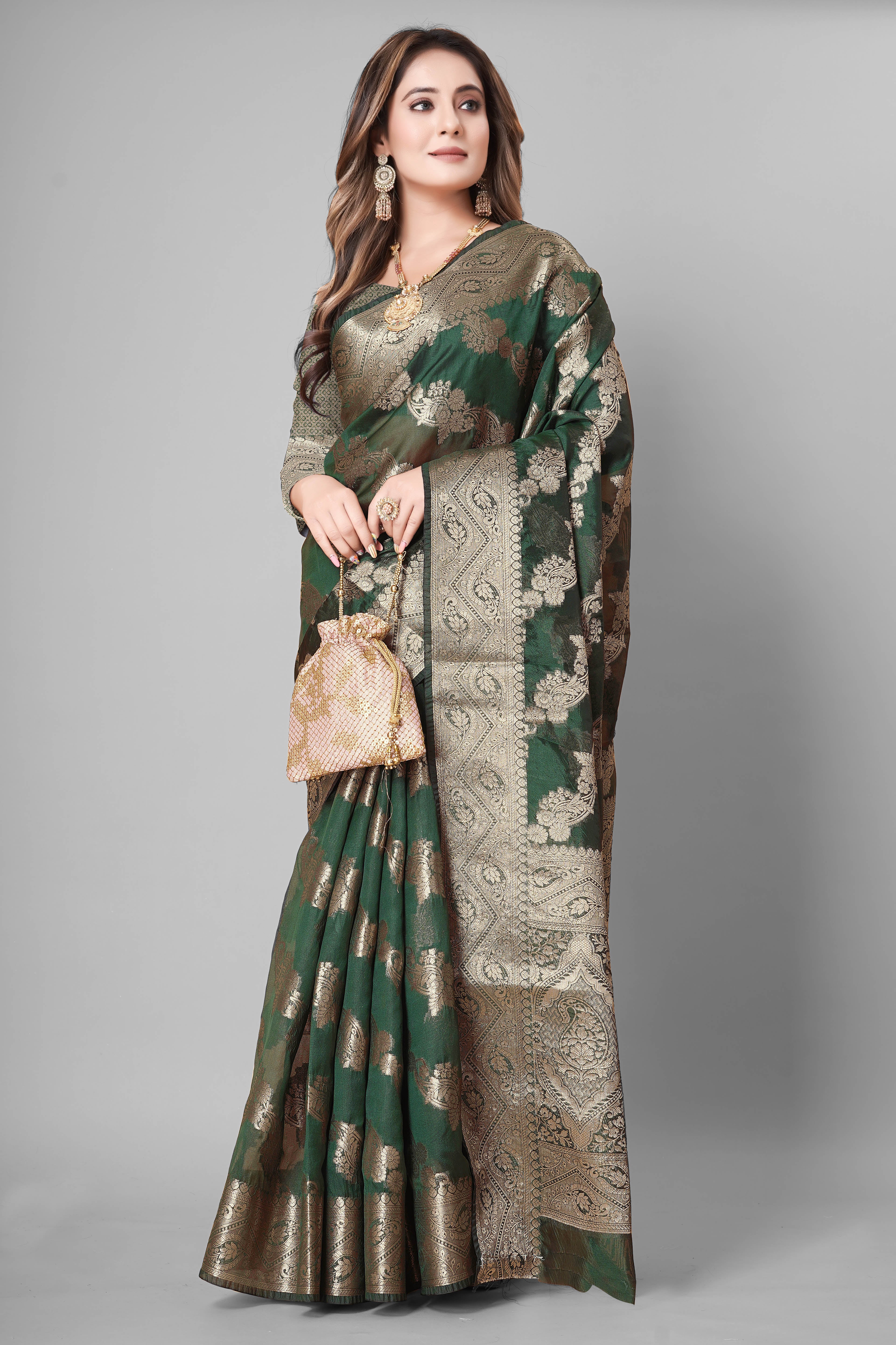 Bhanderi Fashion Jaccard Kanjeevaram Ethnic Motifs Zari Organza Saree With Brocade Blouse For Casual Wear and Festival Wear And Party wear