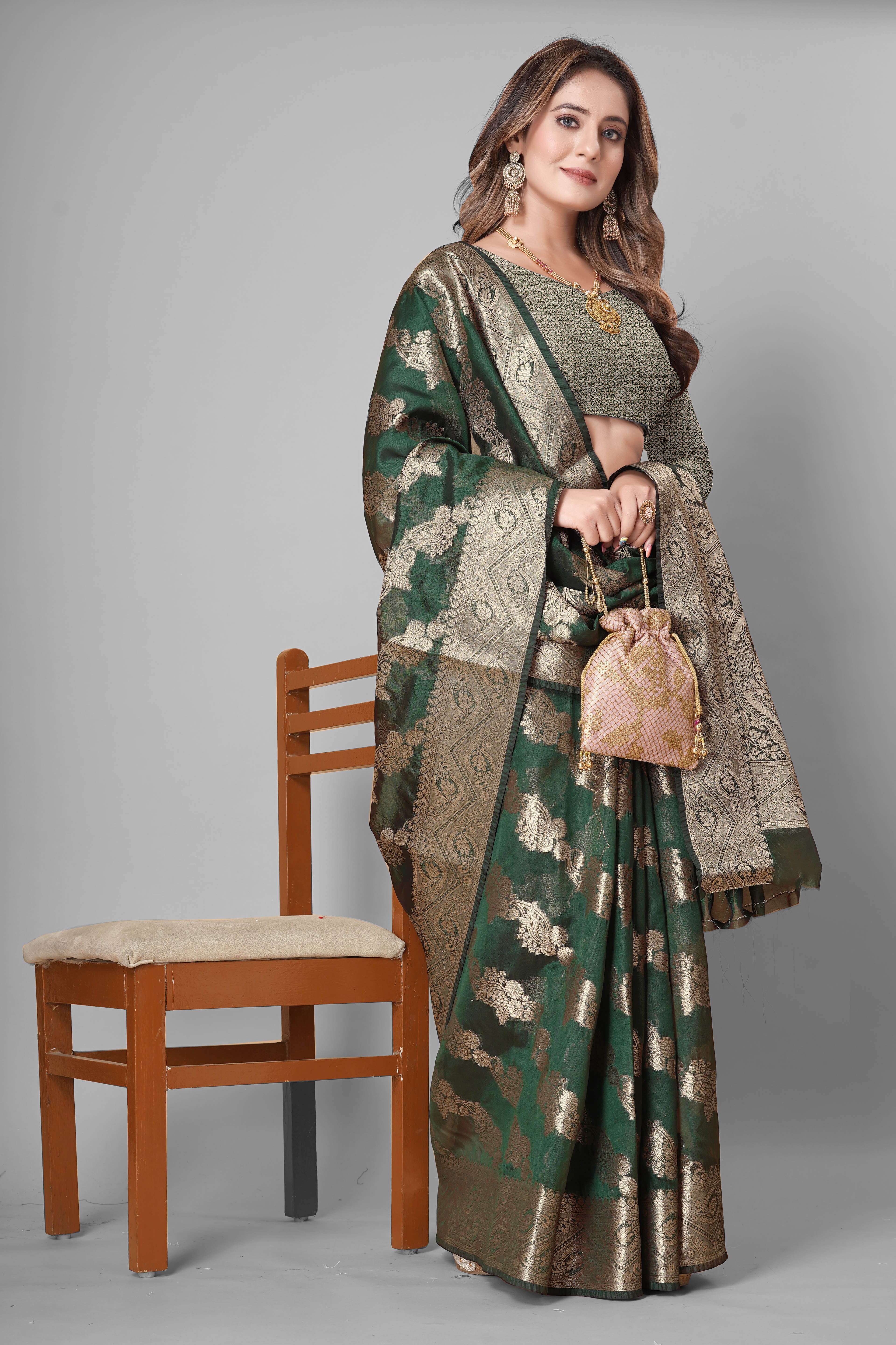Bhanderi Fashion Jaccard Kanjeevaram Ethnic Motifs Zari Organza Saree With Brocade Blouse For Casual Wear and Festival Wear And Party wear