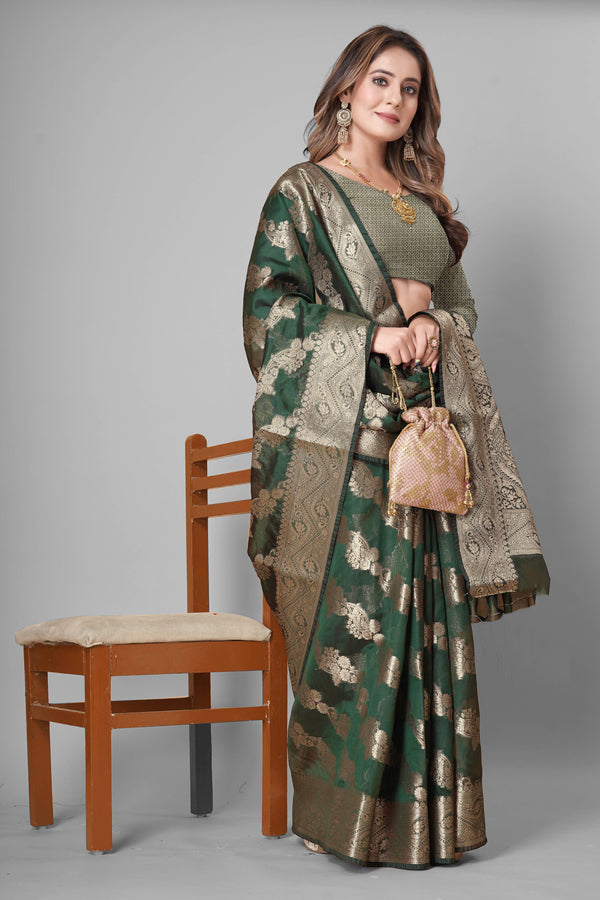 Bhanderi Fashion Jaccard Kanjeevaram Ethnic Motifs Zari Organza Saree With Brocade Blouse For Casual Wear and Festival Wear And Party wear