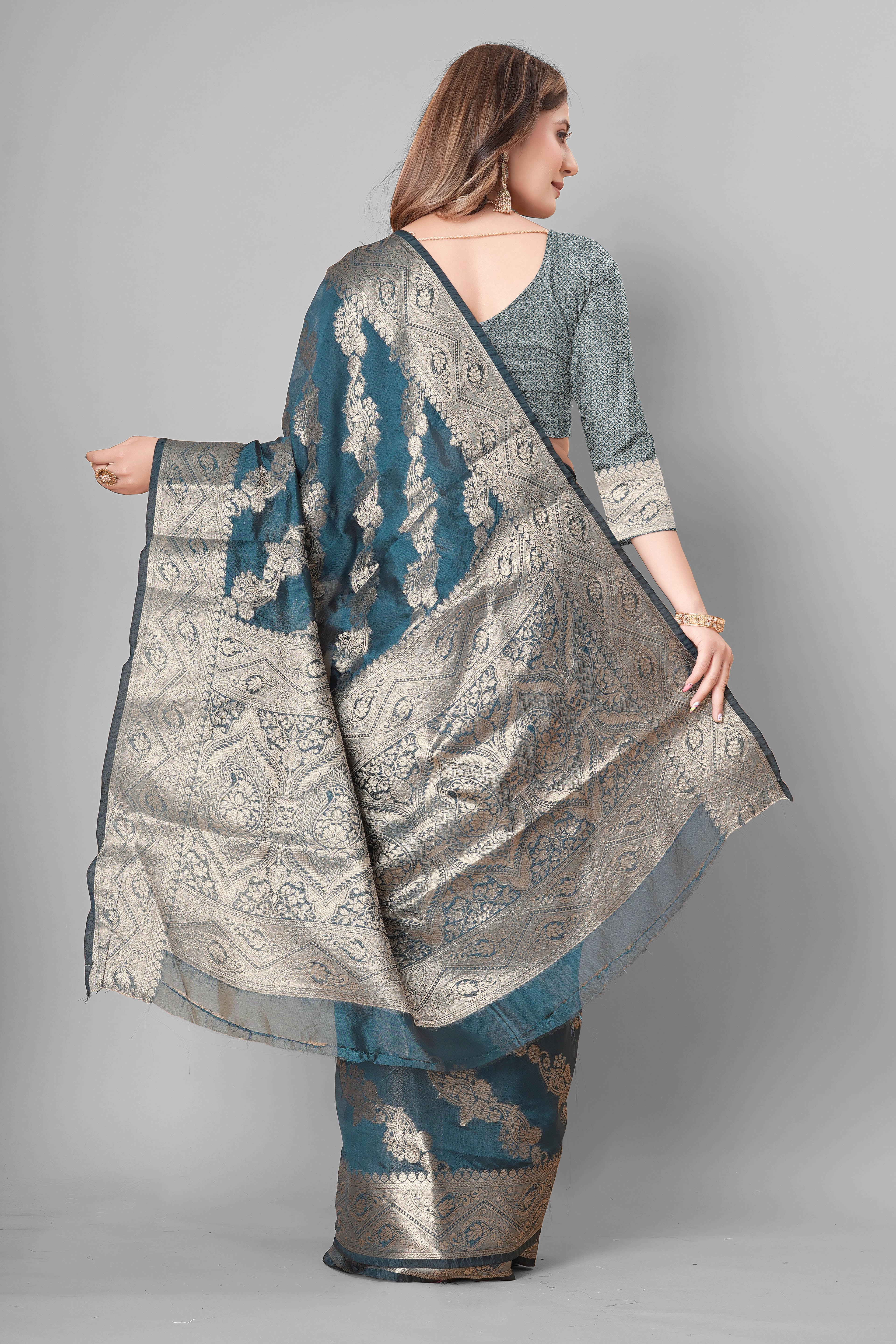 Bhanderi Fashion Jaccard Kanjeevaram Ethnic Motifs Zari Organza Saree With Brocade Blouse For Casual Wear and Festival Wear And Party wear
