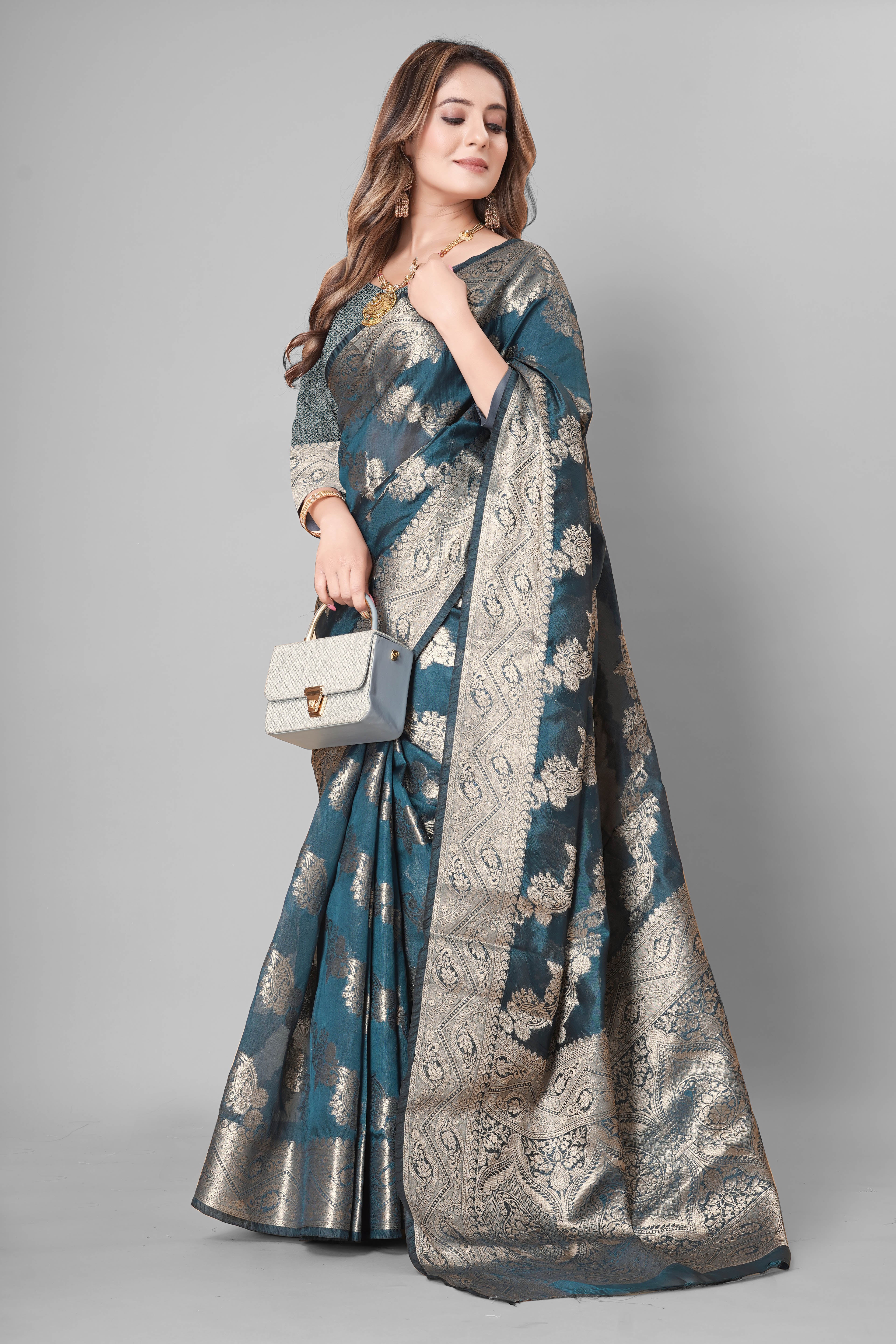 Bhanderi Fashion Jaccard Kanjeevaram Ethnic Motifs Zari Organza Saree With Brocade Blouse For Casual Wear and Festival Wear And Party wear