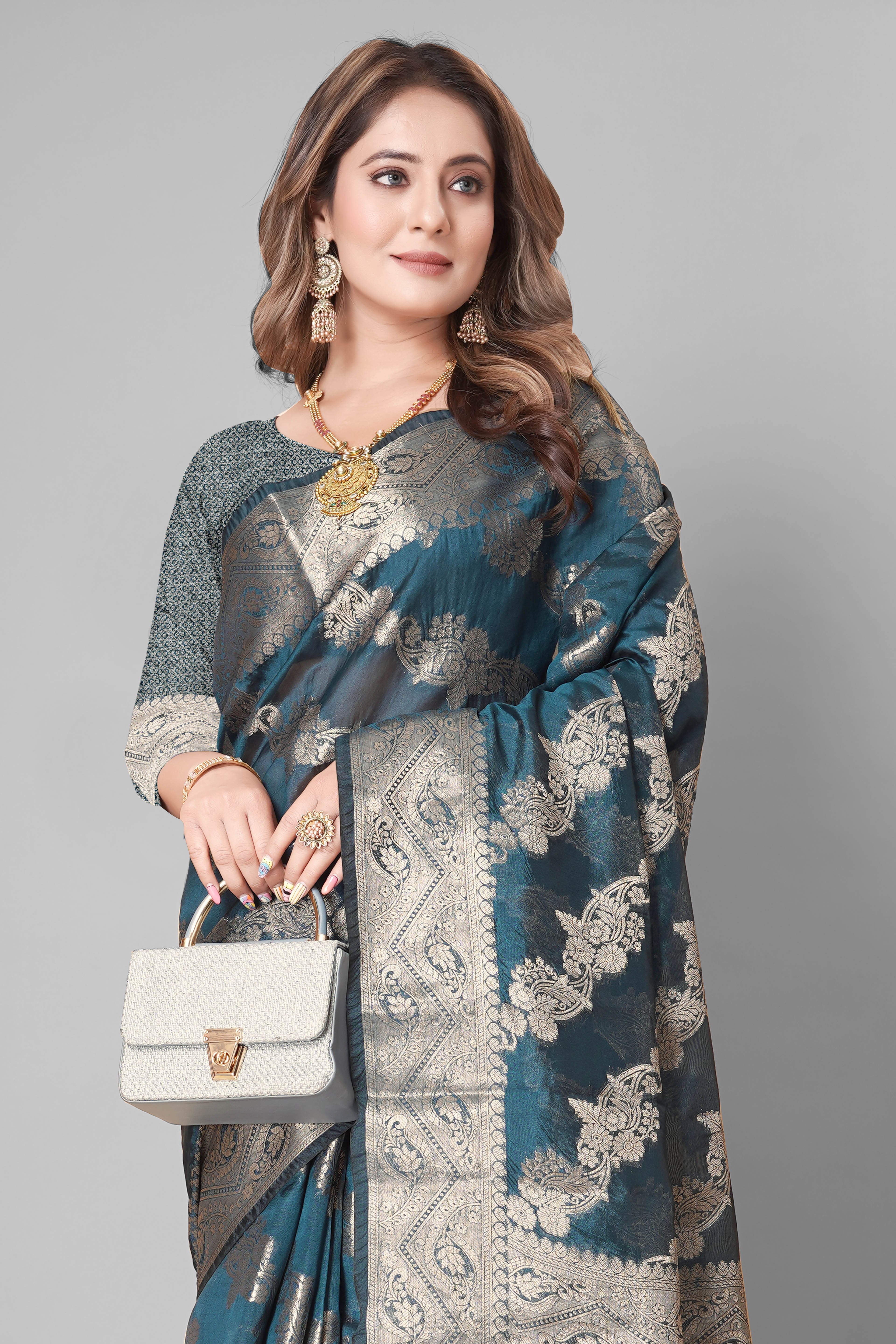 Bhanderi Fashion Jaccard Kanjeevaram Ethnic Motifs Zari Organza Saree With Brocade Blouse For Casual Wear and Festival Wear And Party wear