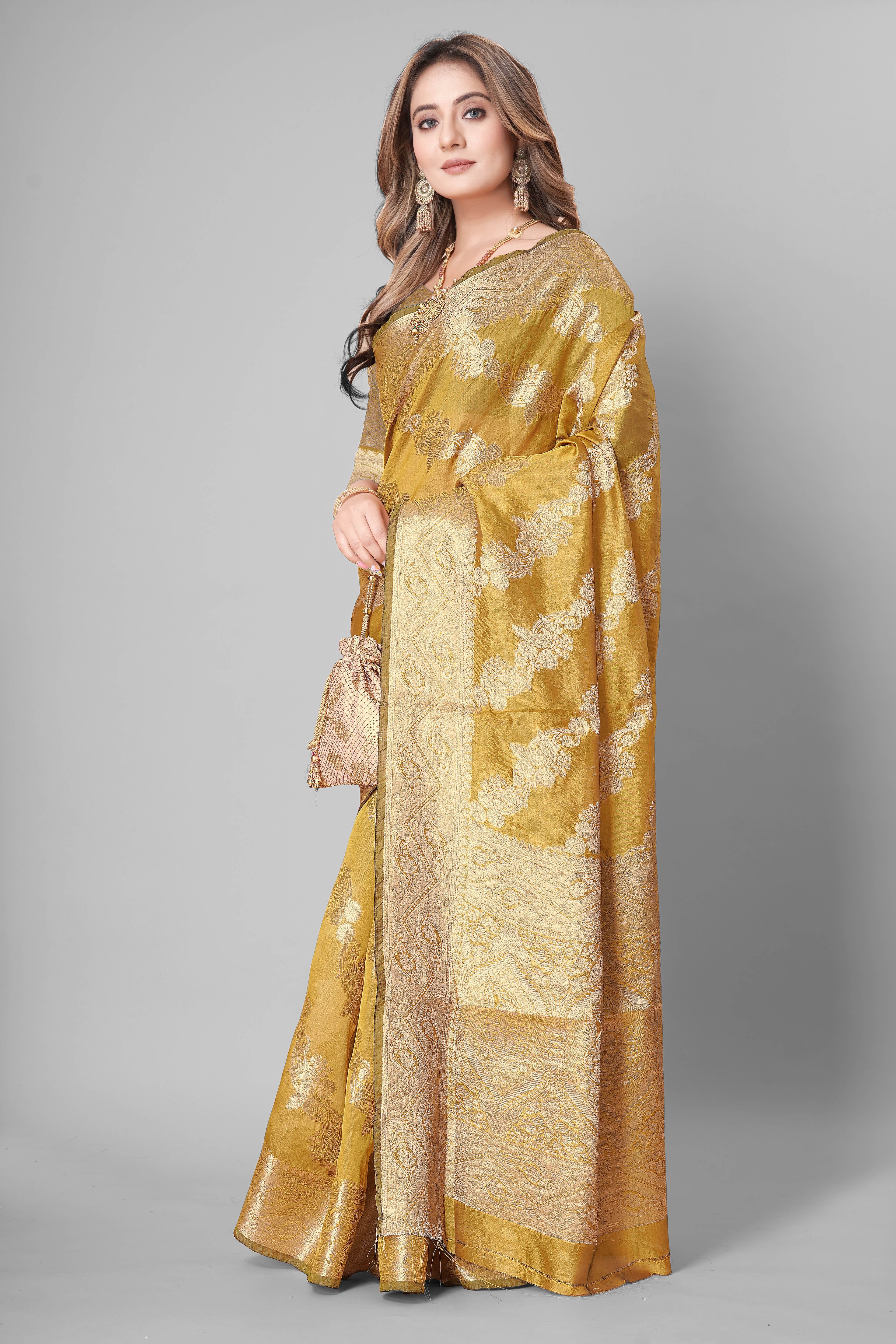 Bhanderi Fashion Jaccard Kanjeevaram Ethnic Motifs Zari Organza Saree With Brocade Blouse For Casual Wear and Festival Wear And Party wear
