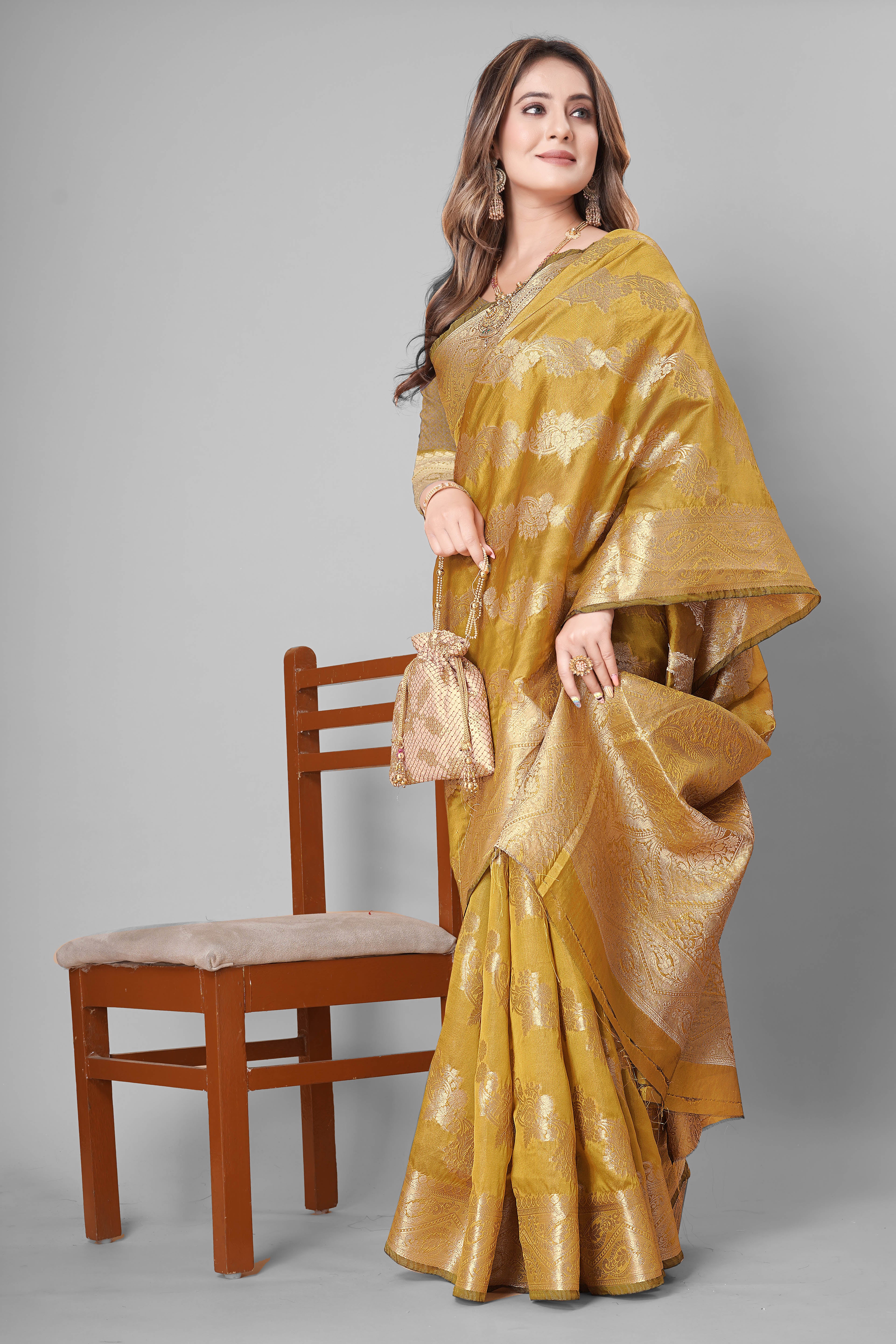 Bhanderi Fashion Jaccard Kanjeevaram Ethnic Motifs Zari Organza Saree With Brocade Blouse For Casual Wear and Festival Wear And Party wear