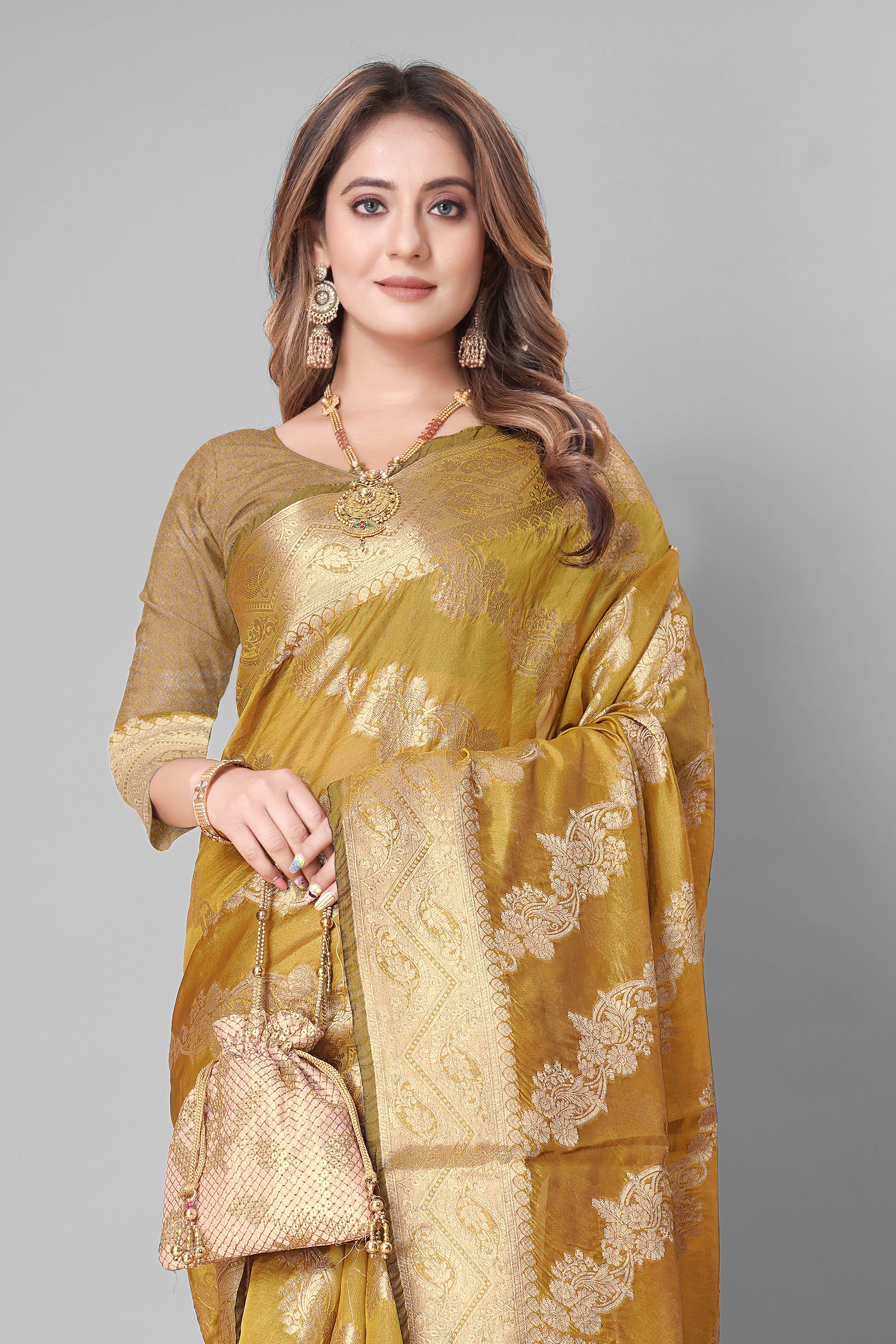 Bhanderi Fashion Jaccard Kanjeevaram Ethnic Motifs Zari Organza Saree With Brocade Blouse For Casual Wear and Festival Wear And Party wear