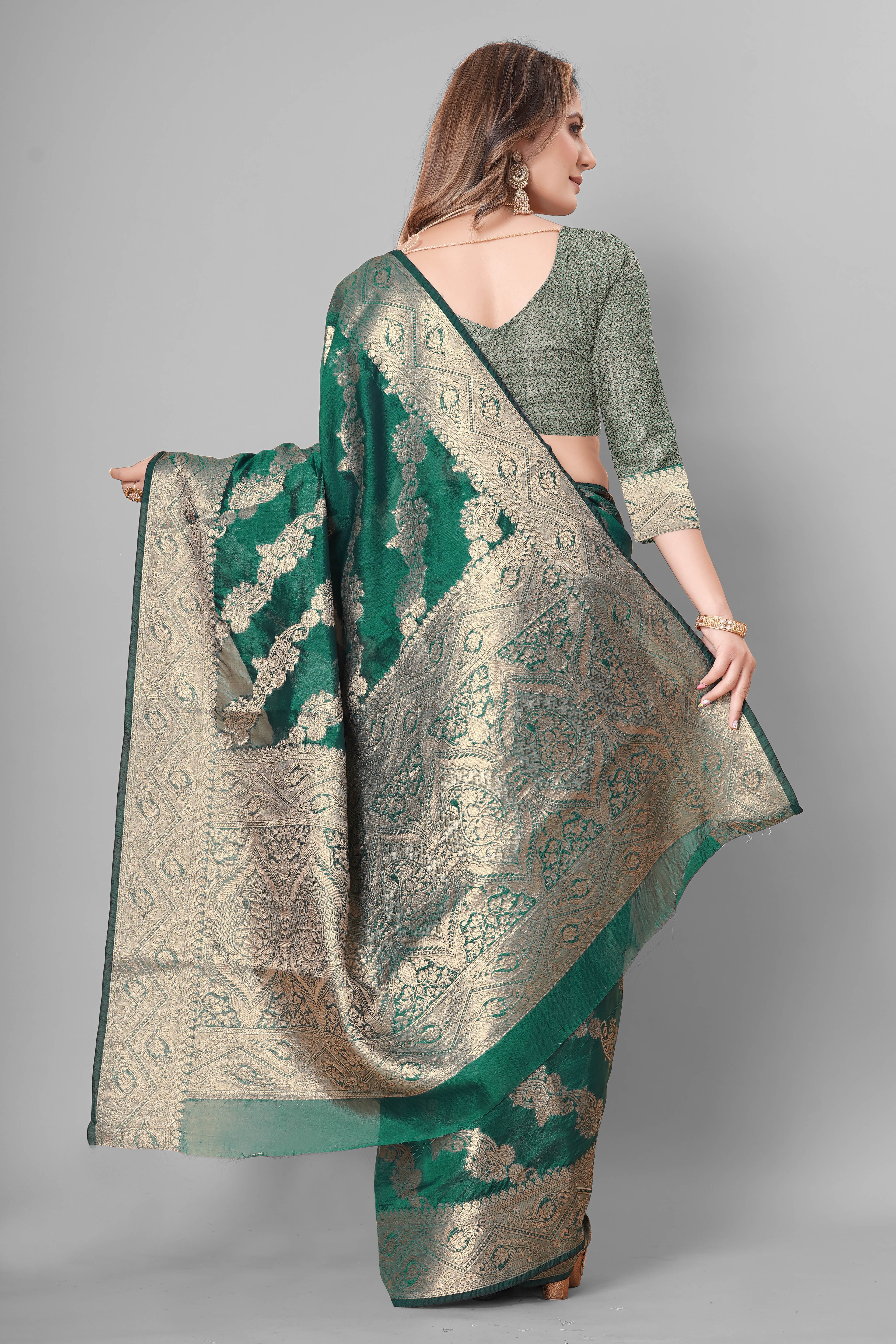Bhanderi Fashion Jaccard Kanjeevaram Ethnic Motifs Zari Organza Saree With Brocade Blouse For Casual Wear and Festival Wear And Party wear