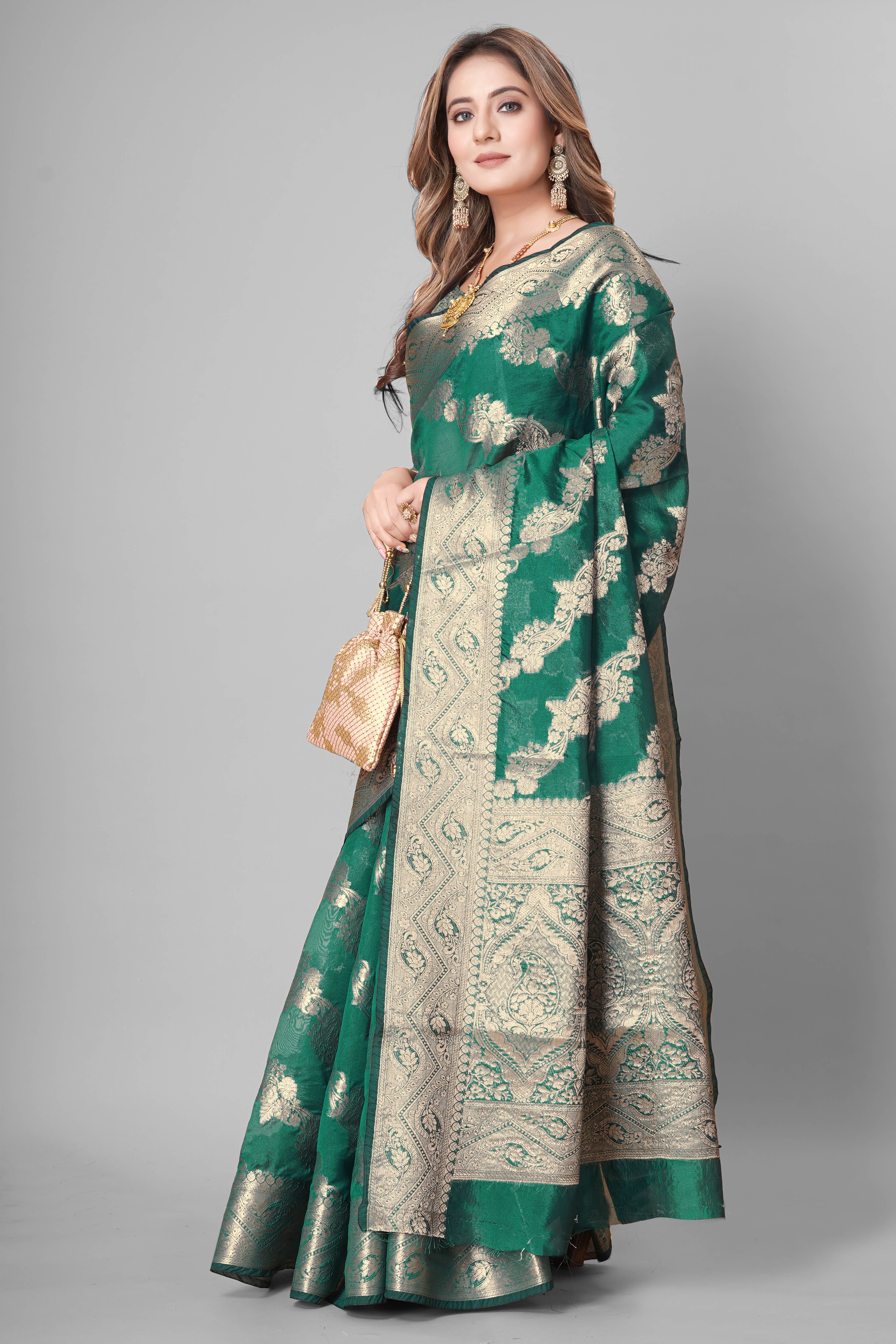 Bhanderi Fashion Jaccard Kanjeevaram Ethnic Motifs Zari Organza Saree With Brocade Blouse For Casual Wear and Festival Wear And Party wear