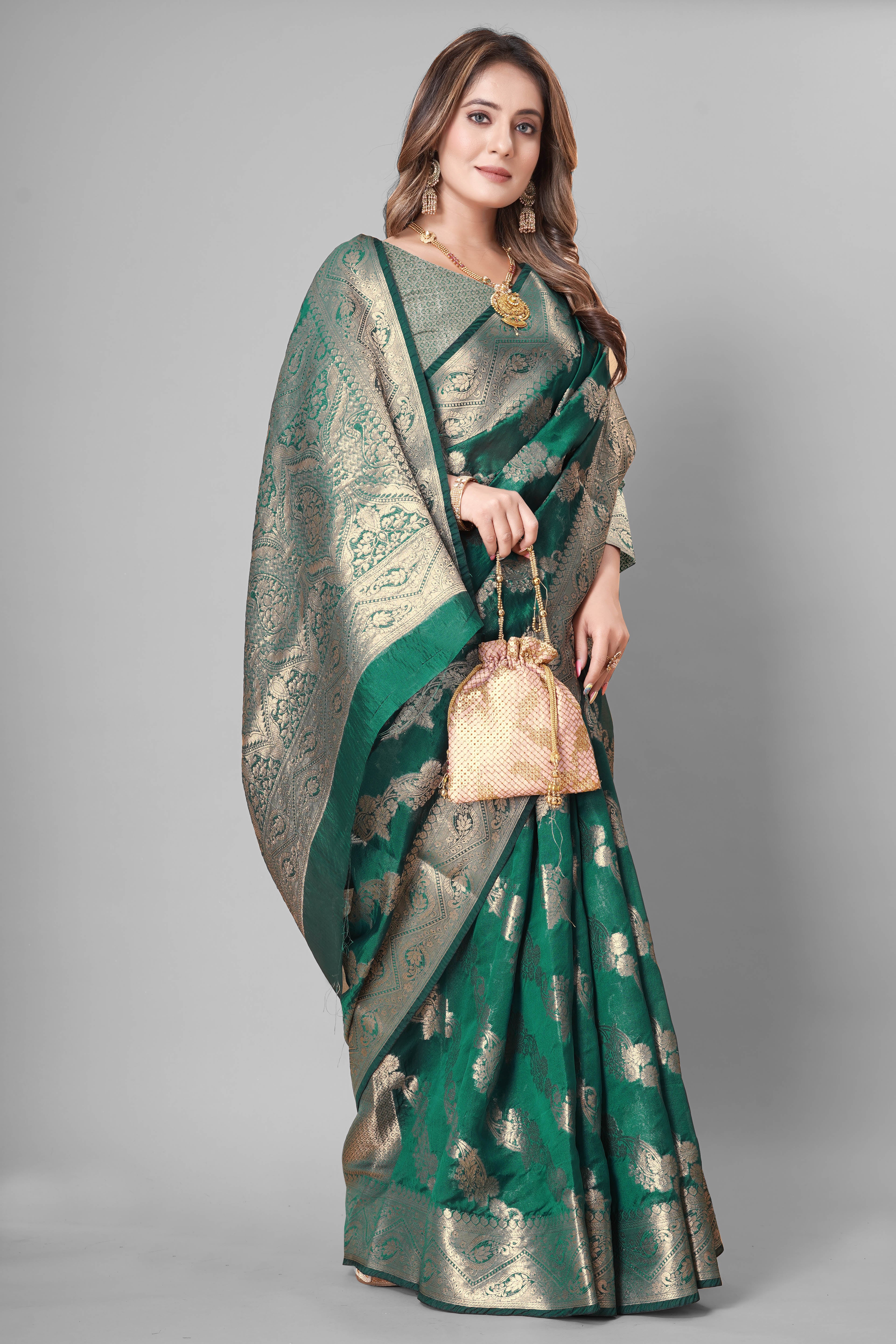 Bhanderi Fashion Jaccard Kanjeevaram Ethnic Motifs Zari Organza Saree With Brocade Blouse For Casual Wear and Festival Wear And Party wear