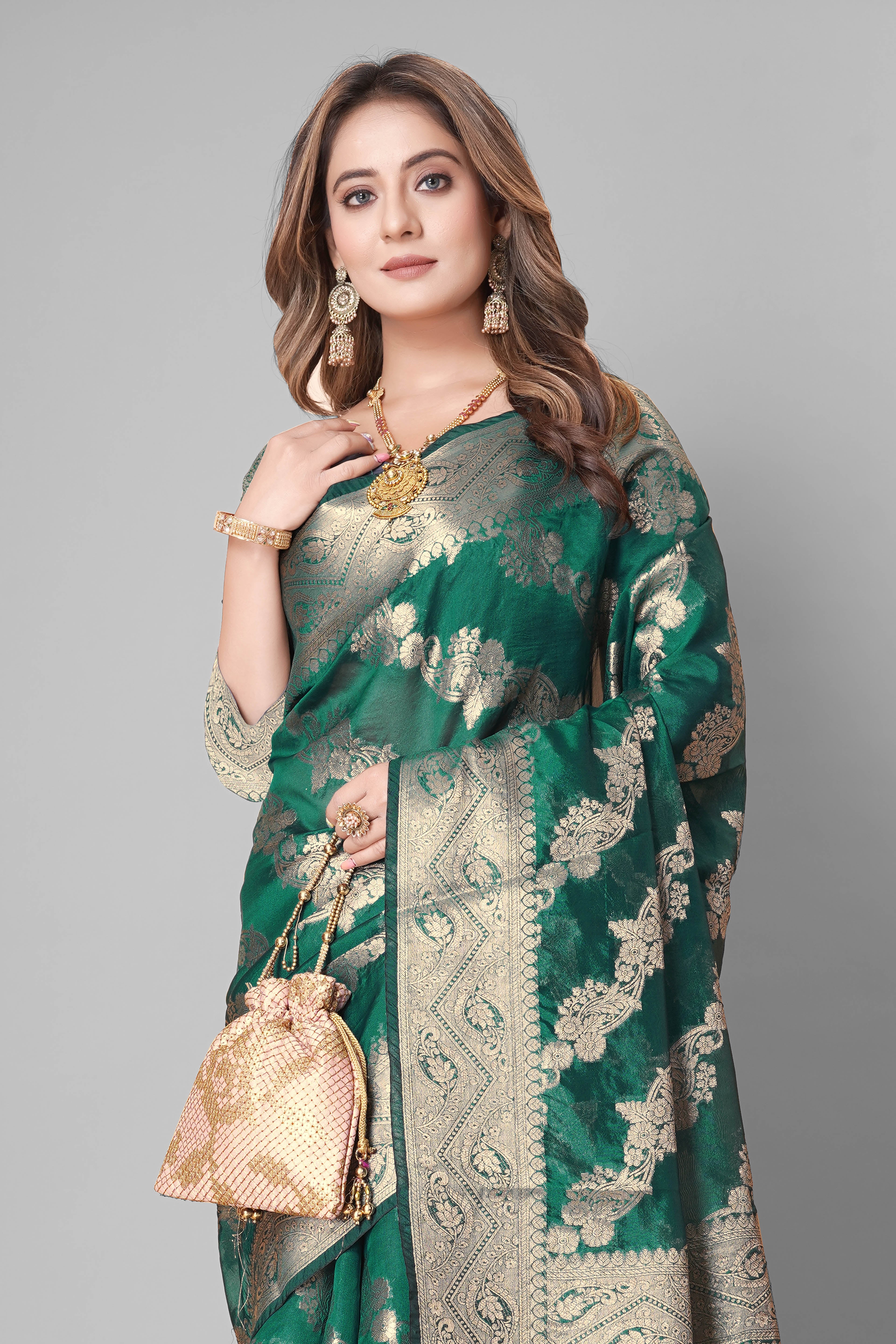 Bhanderi Fashion Jaccard Kanjeevaram Ethnic Motifs Zari Organza Saree With Brocade Blouse For Casual Wear and Festival Wear And Party wear