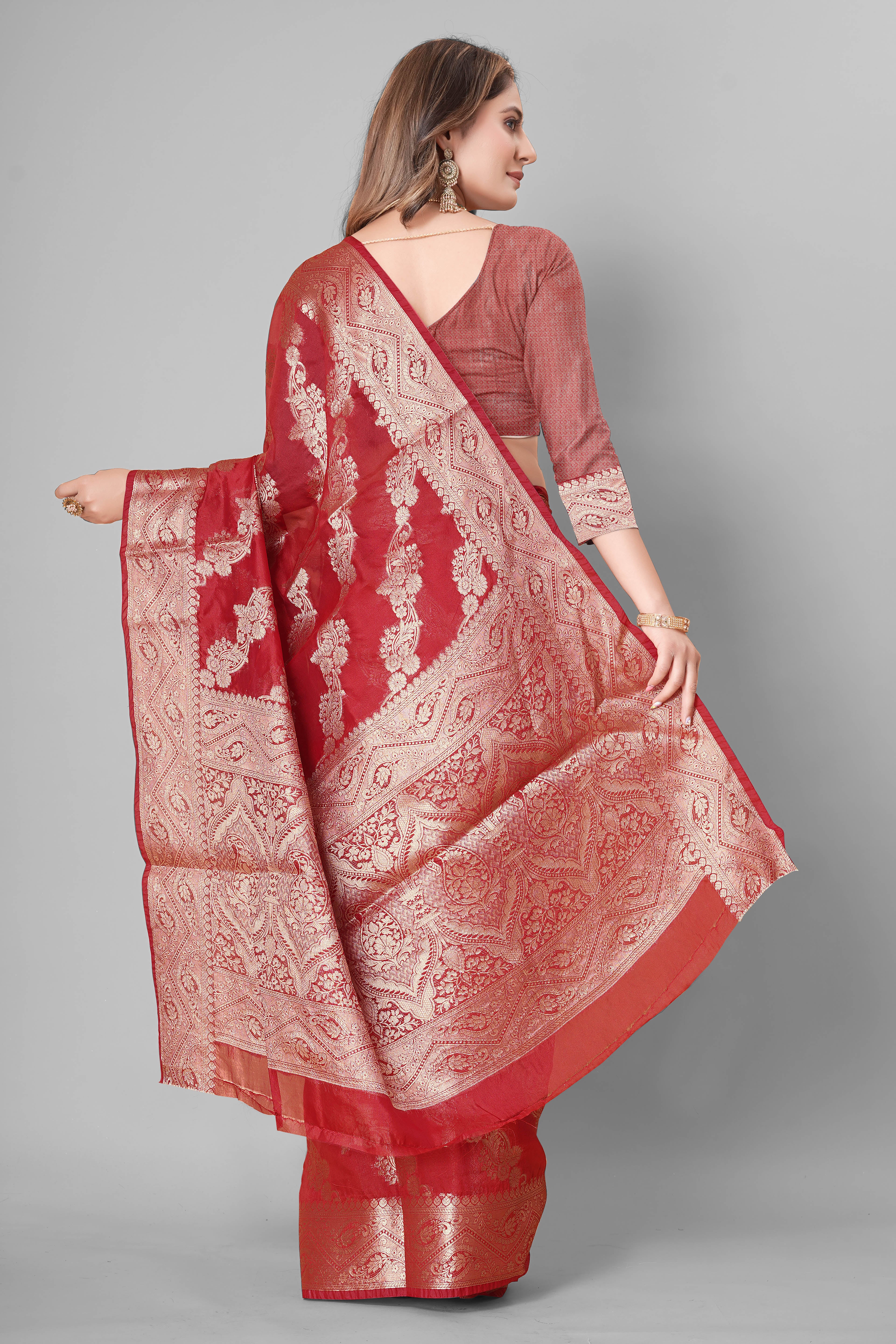 Bhanderi Fashion Jaccard Kanjeevaram Ethnic Motifs Zari Organza Saree With Brocade Blouse For Casual Wear and Festival Wear And Party wear