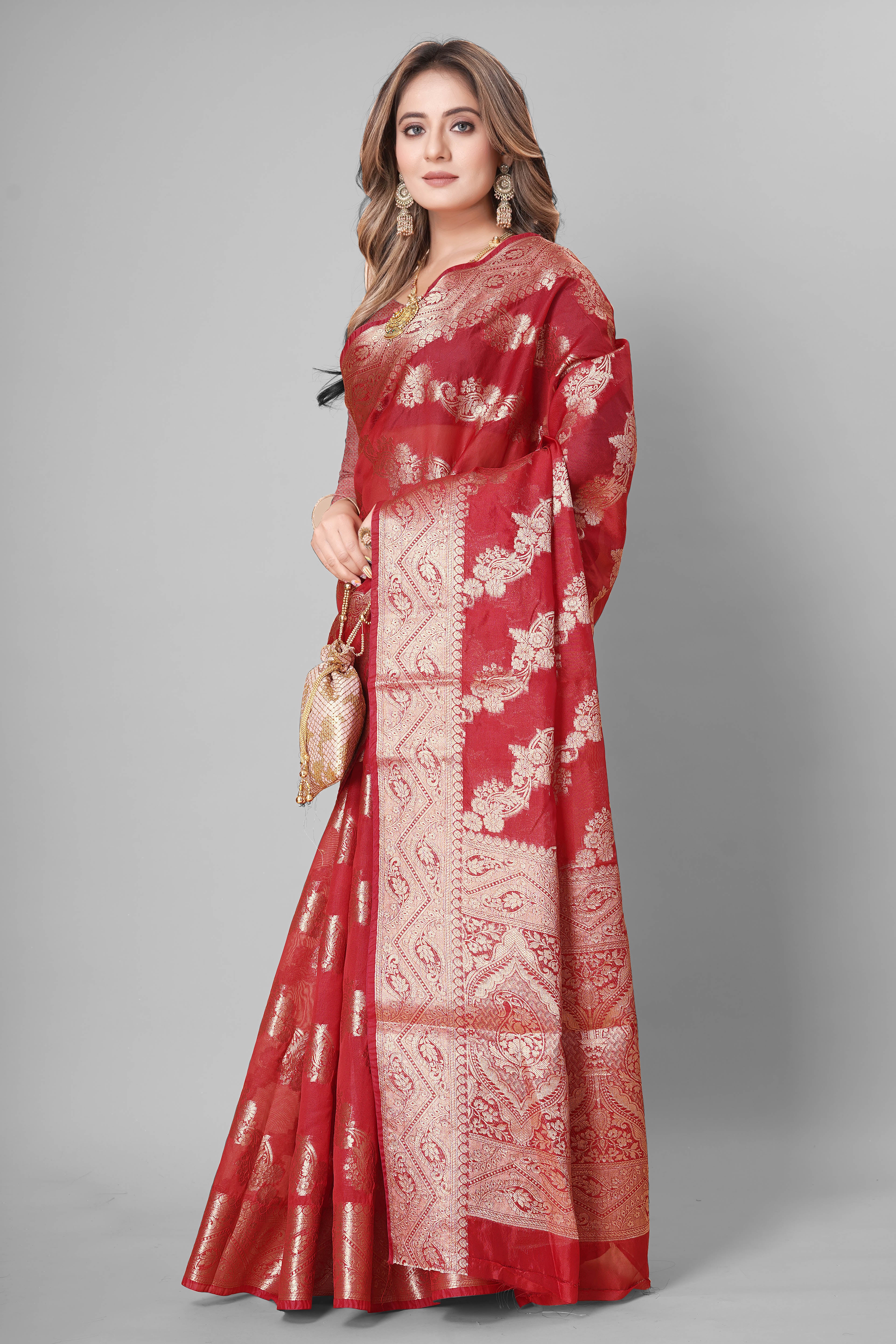 Bhanderi Fashion Jaccard Kanjeevaram Ethnic Motifs Zari Organza Saree With Brocade Blouse For Casual Wear and Festival Wear And Party wear