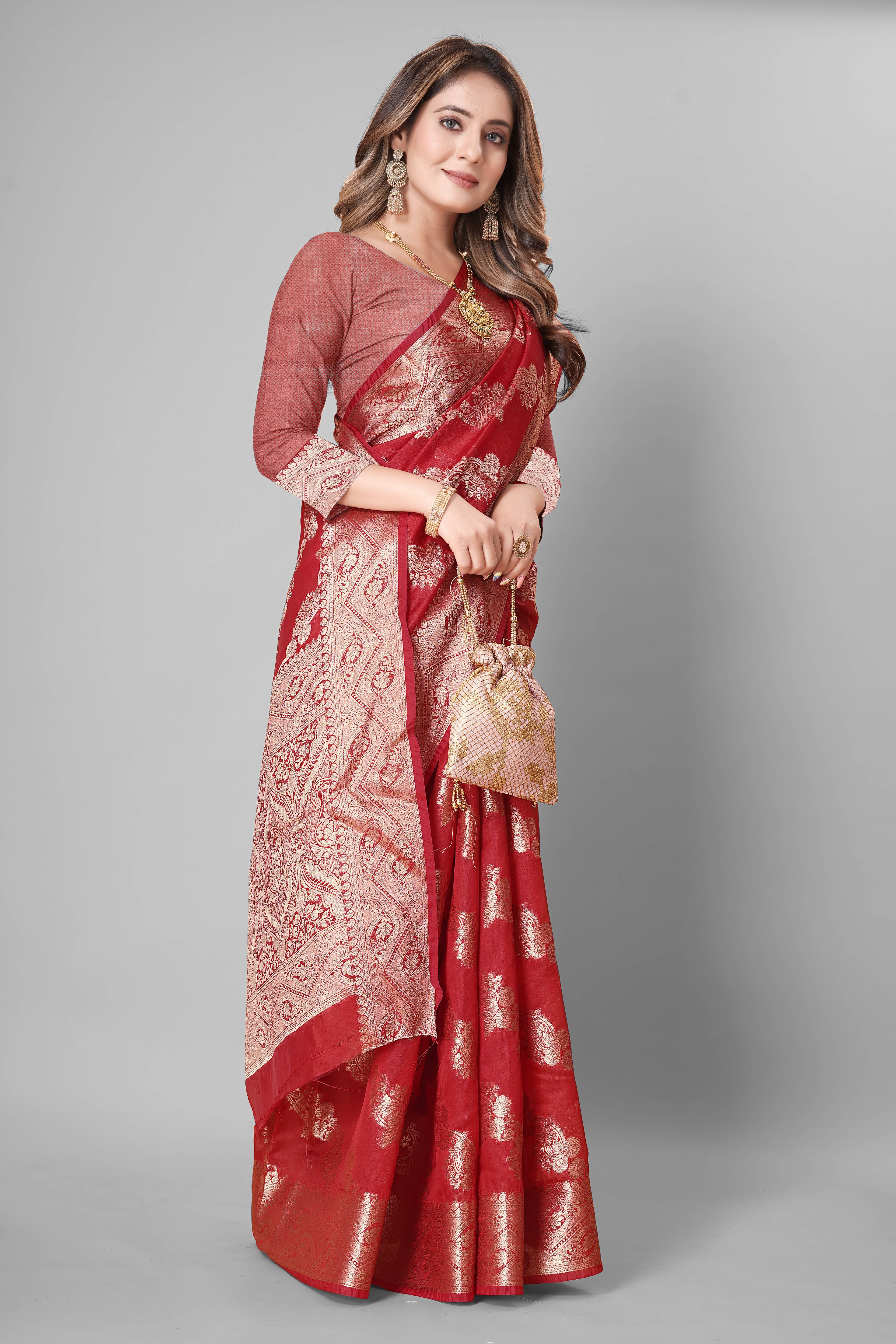 Bhanderi Fashion Jaccard Kanjeevaram Ethnic Motifs Zari Organza Saree With Brocade Blouse For Casual Wear and Festival Wear And Party wear