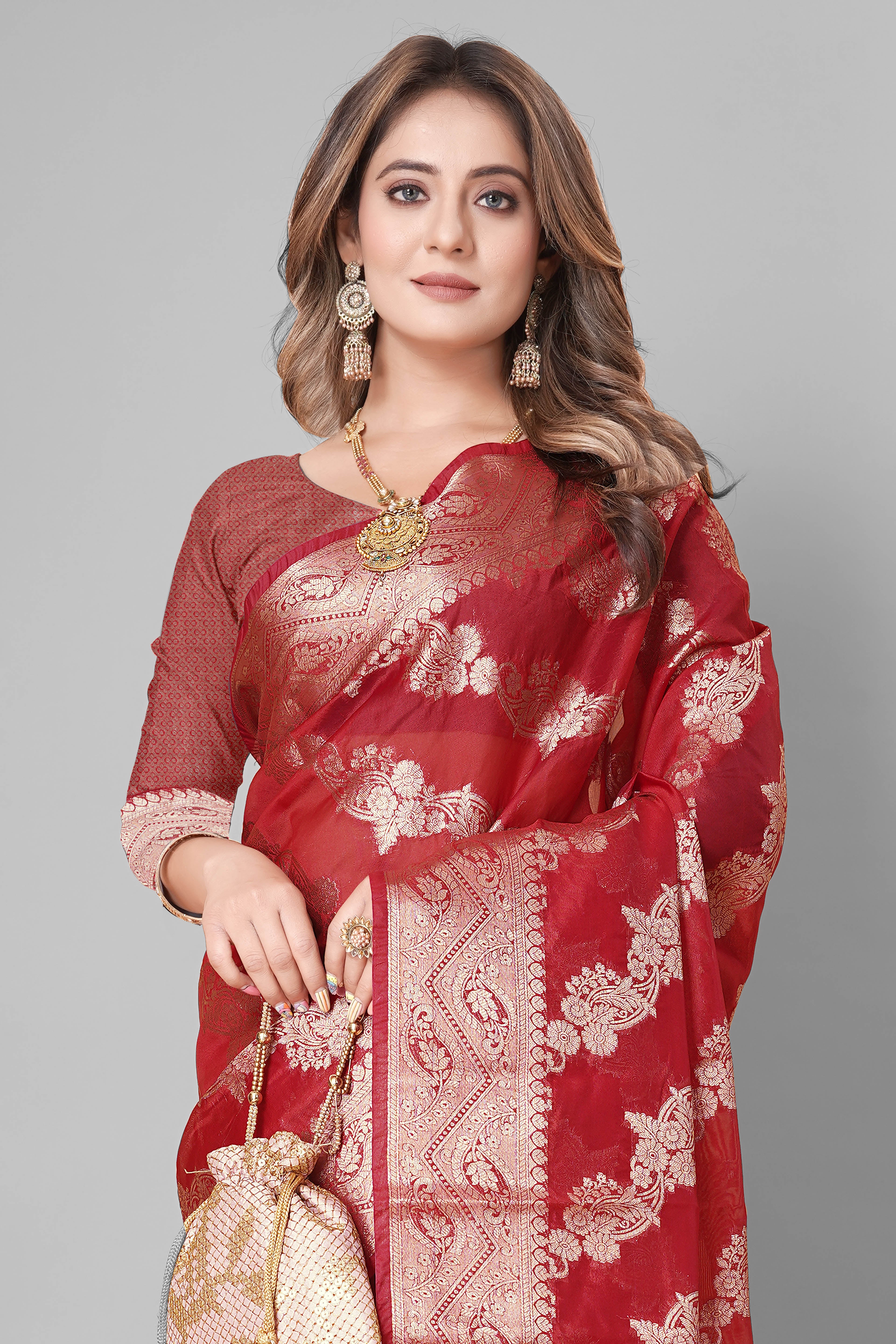 Bhanderi Fashion Jaccard Kanjeevaram Ethnic Motifs Zari Organza Saree With Brocade Blouse For Casual Wear and Festival Wear And Party wear