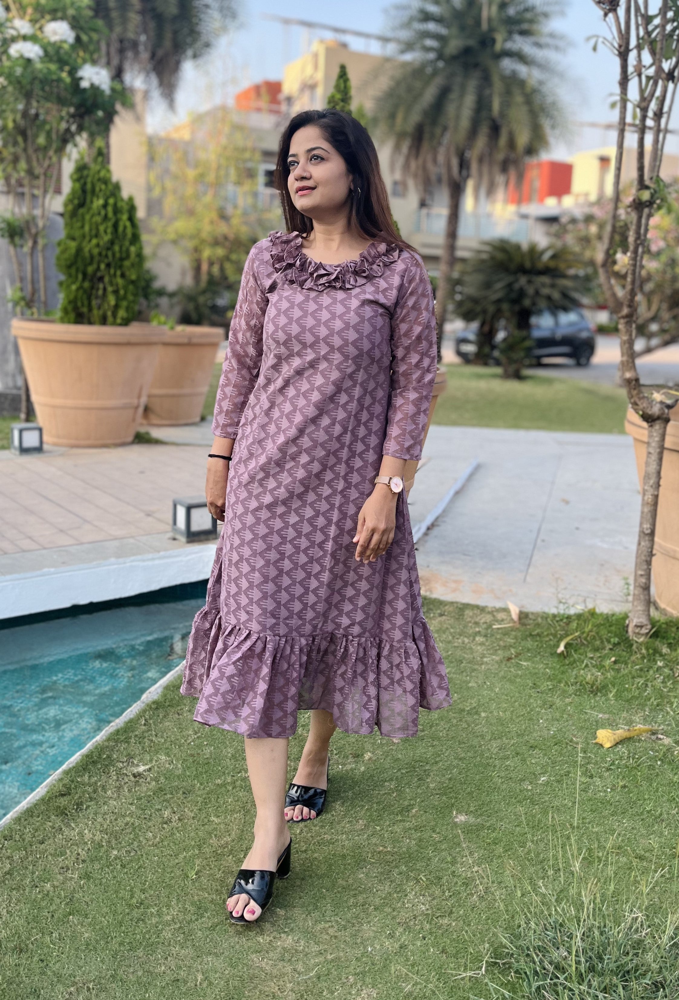 Women A Line Georgette Fabric Neck Gathering Patten Trending Dress For Attractive Look And Casual Look
