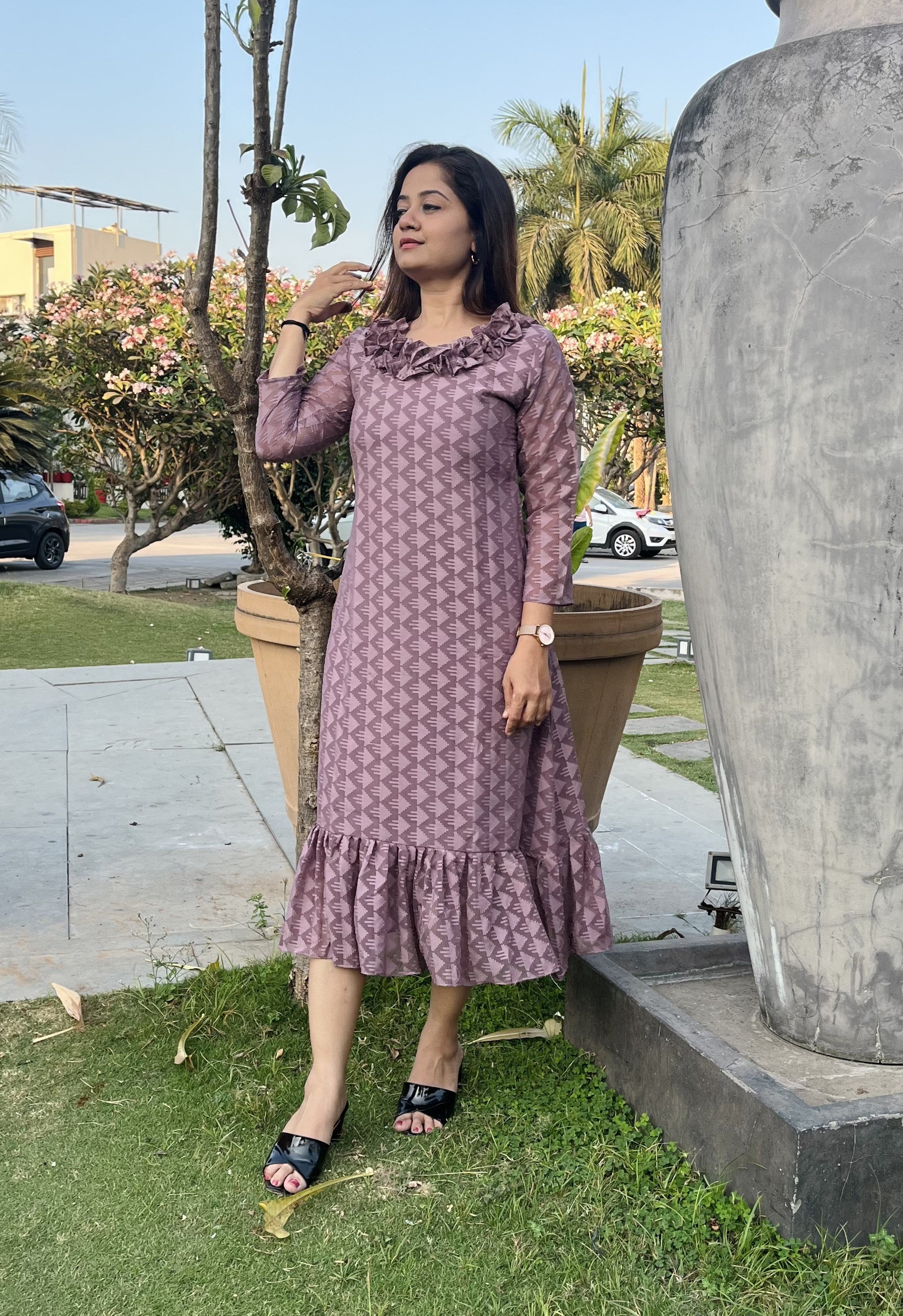 Women A Line Georgette Fabric Neck Gathering Patten Trending Dress For Attractive Look And Casual Look