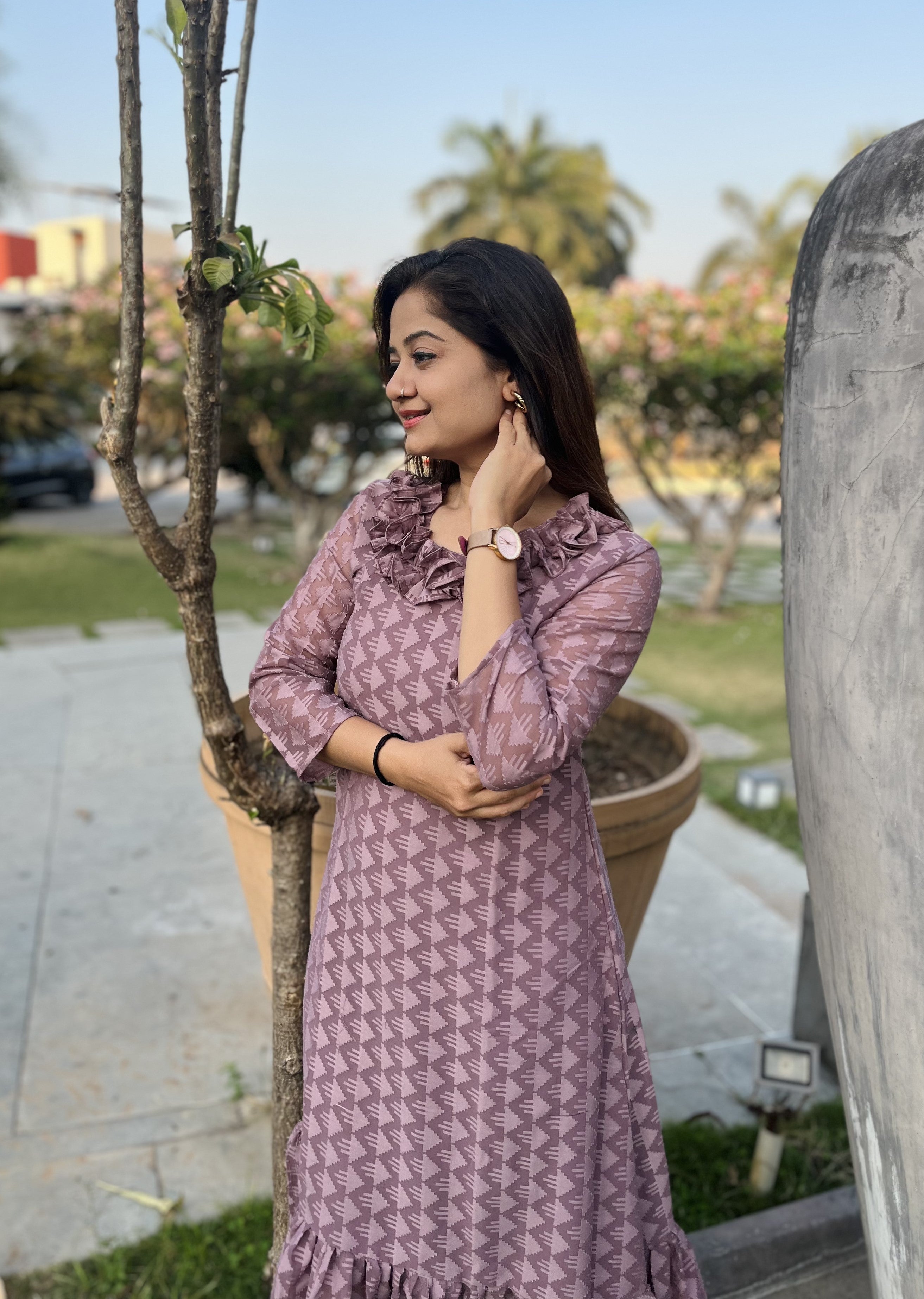 Women A Line Georgette Fabric Neck Gathering Patten Trending Dress For Attractive Look And Casual Look
