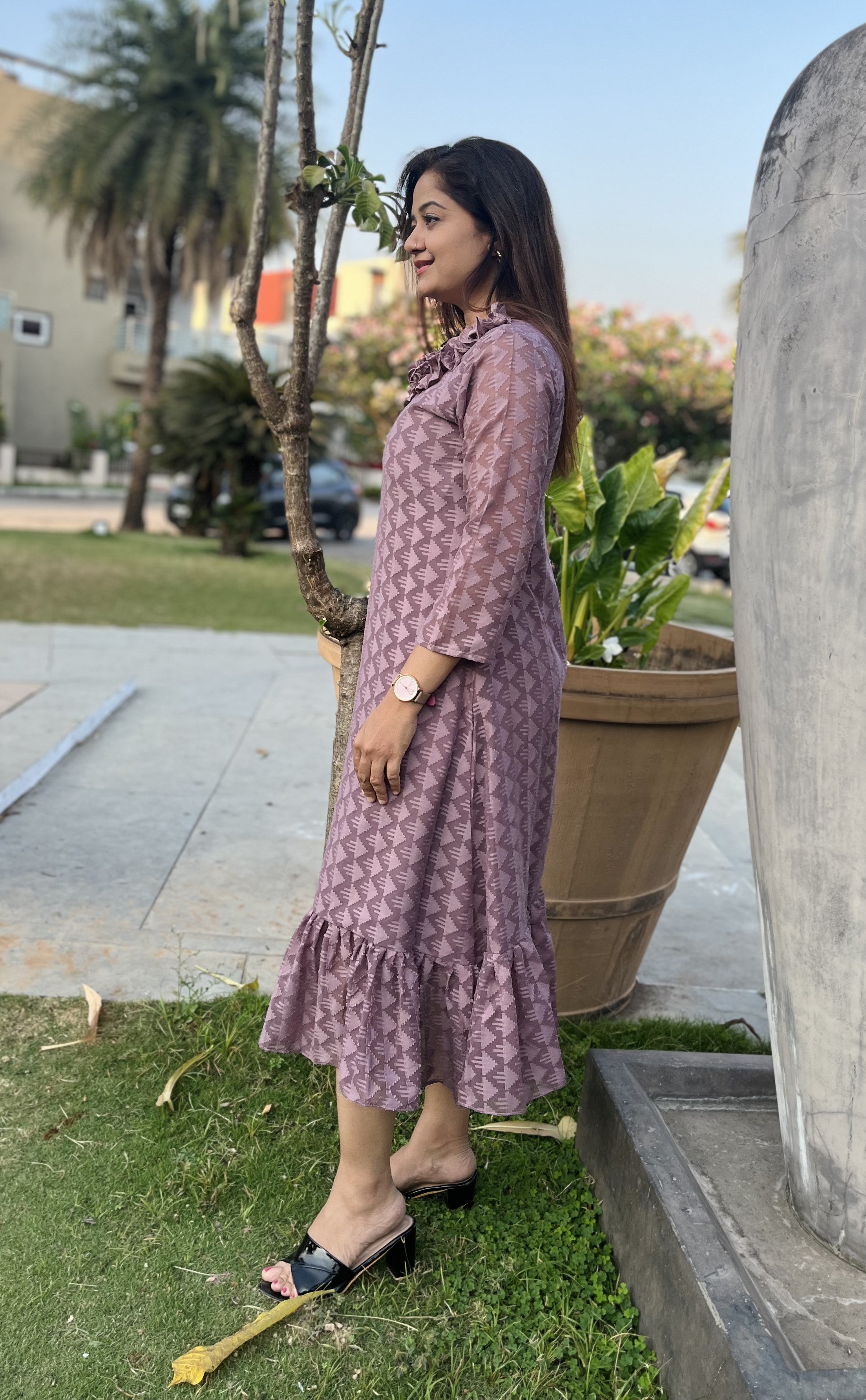 Women A Line Georgette Fabric Neck Gathering Patten Trending Dress For Attractive Look And Casual Look