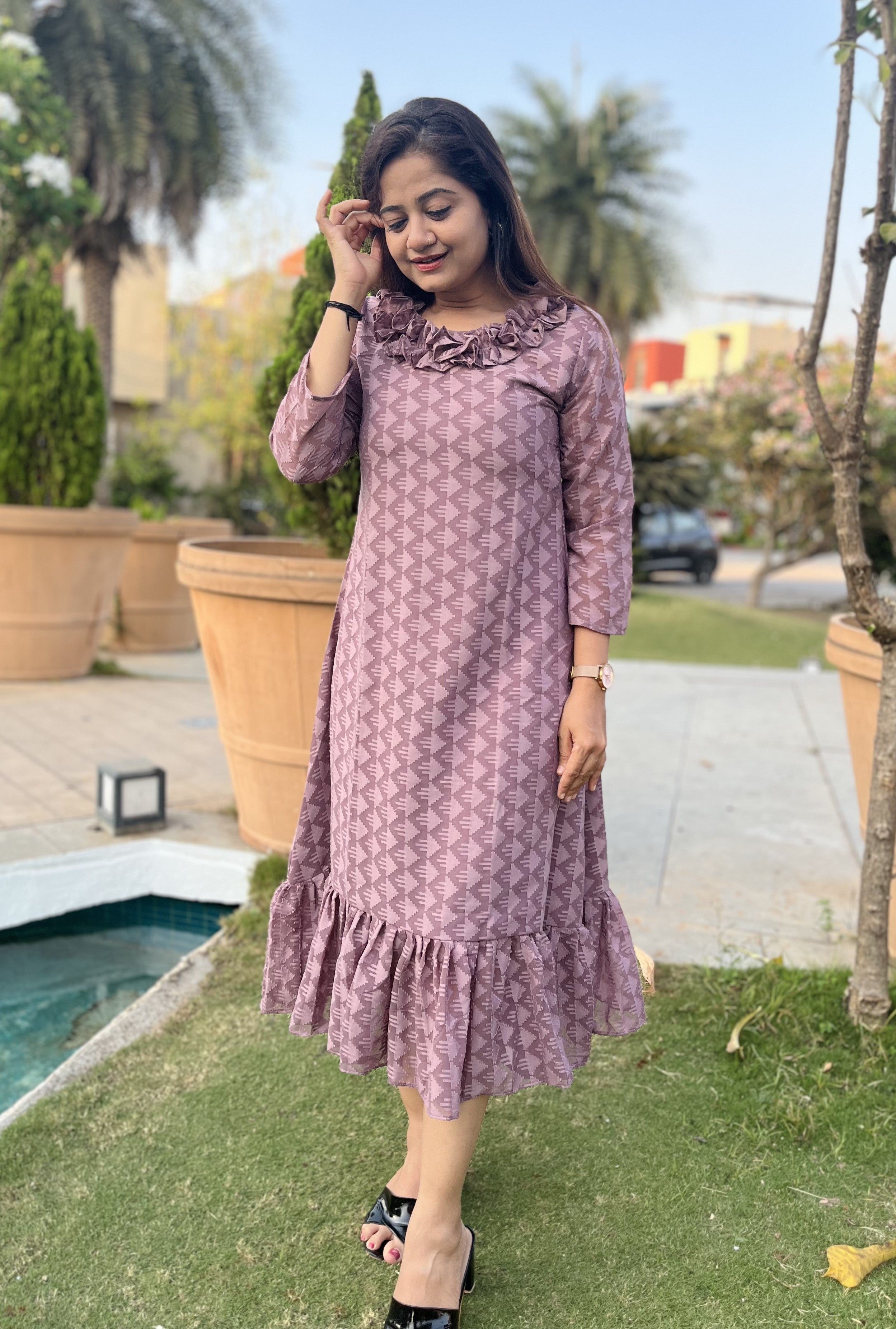 Women A Line Georgette Fabric Neck Gathering Patten Trending Dress For Attractive Look And Casual Look