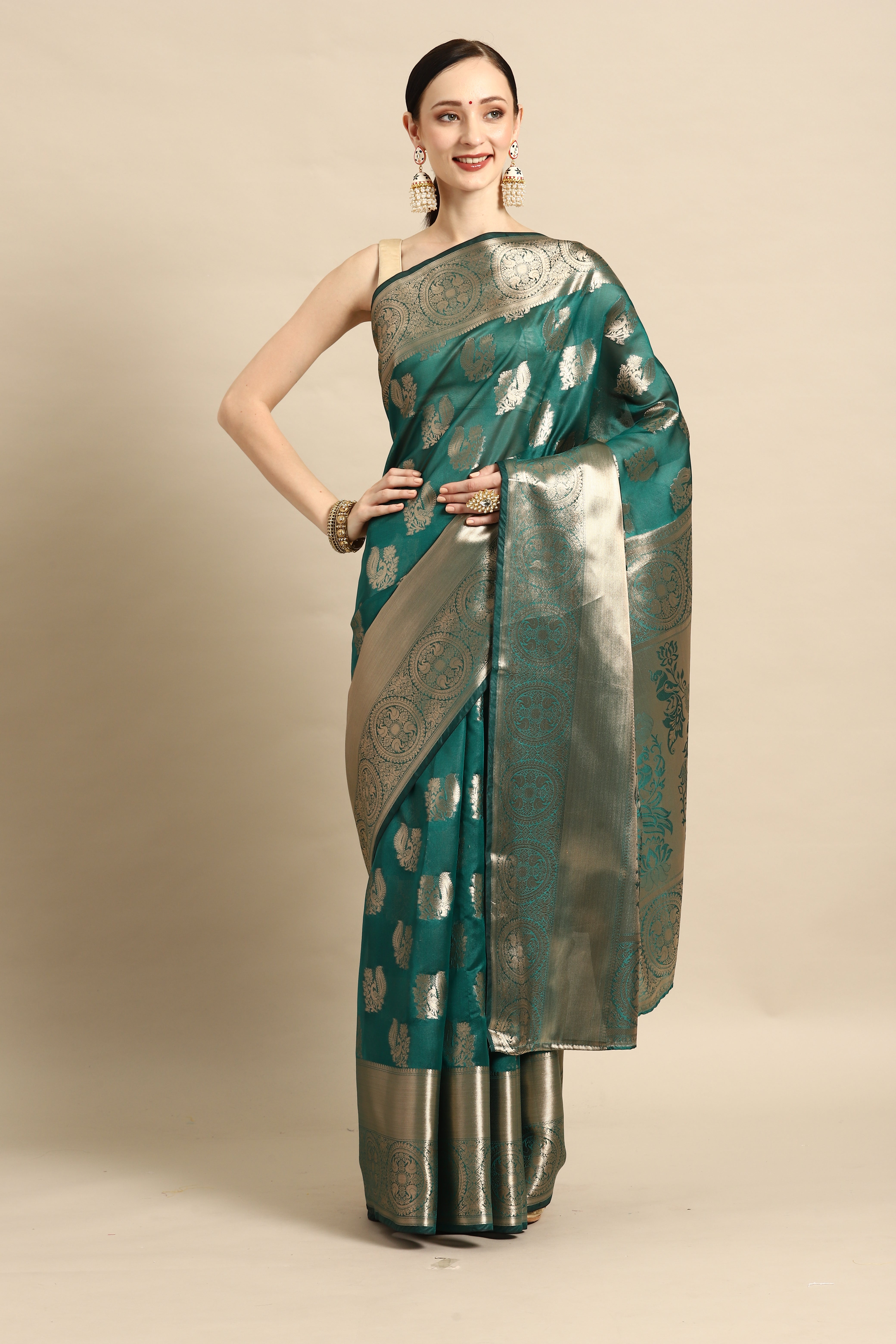 Bhanderi Fashion Latest Kanjeevaram Ethnic Motifs Zari Organza Saree With Brocade Blouse