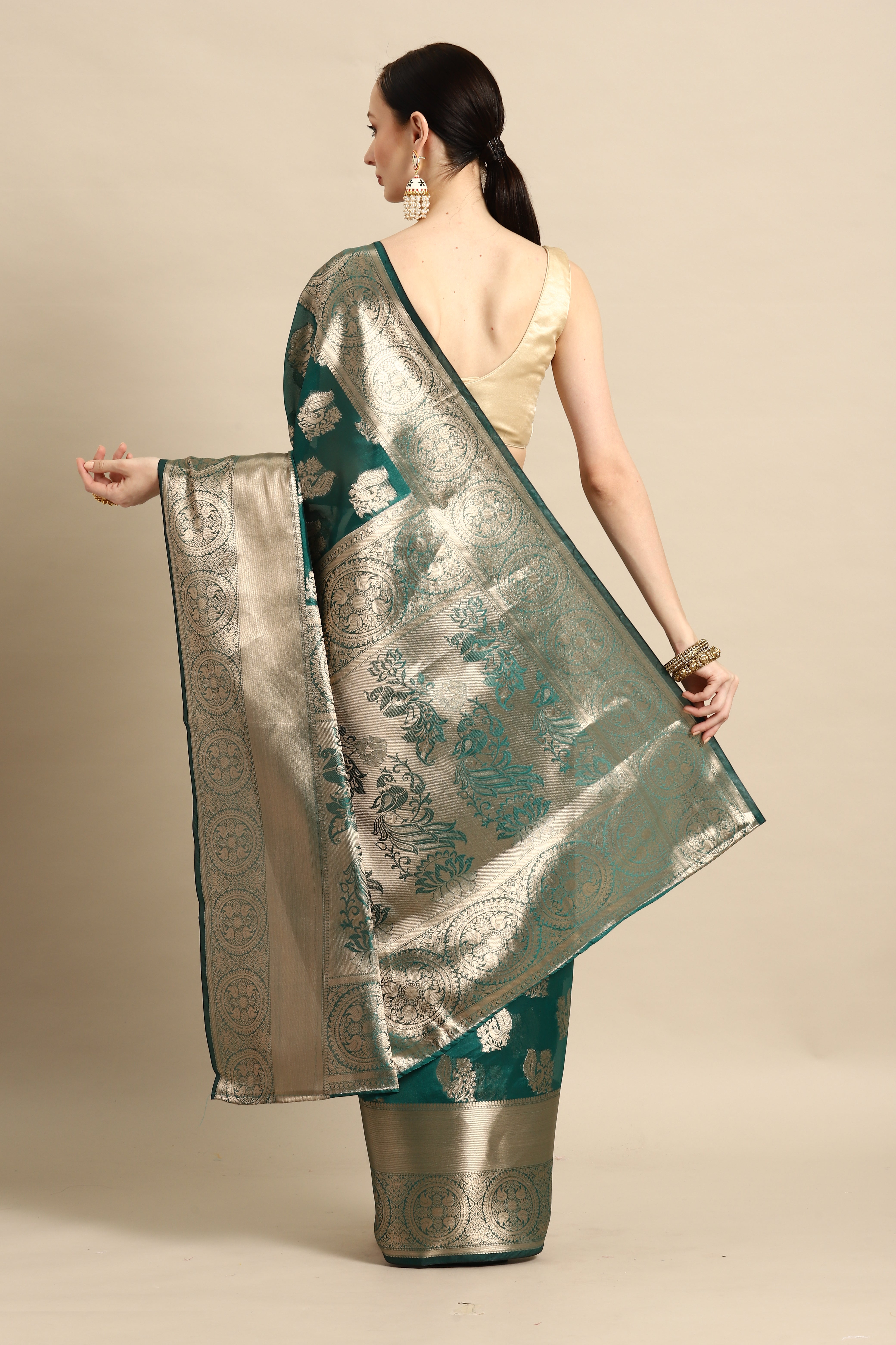 Bhanderi Fashion Latest Kanjeevaram Ethnic Motifs Zari Organza Saree With Brocade Blouse