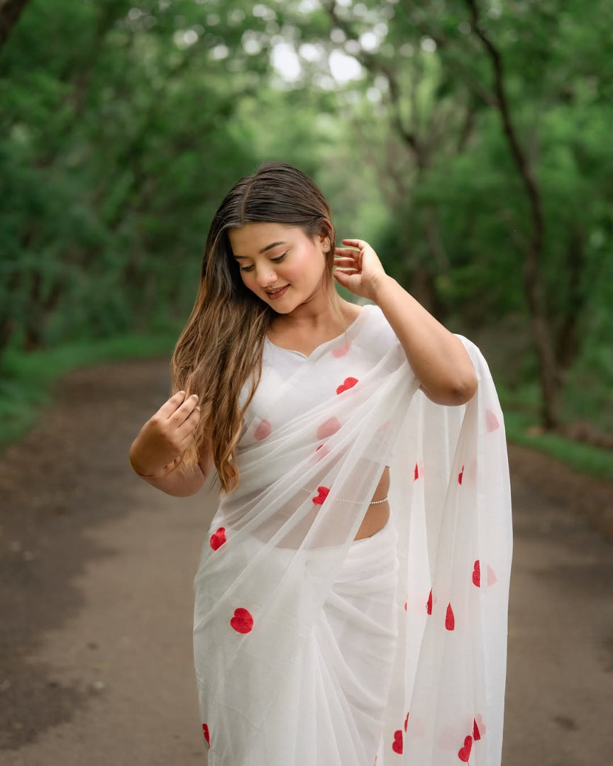 Bhanderi Fashion Trending Georgette Fabric Chain Heart Work Saree