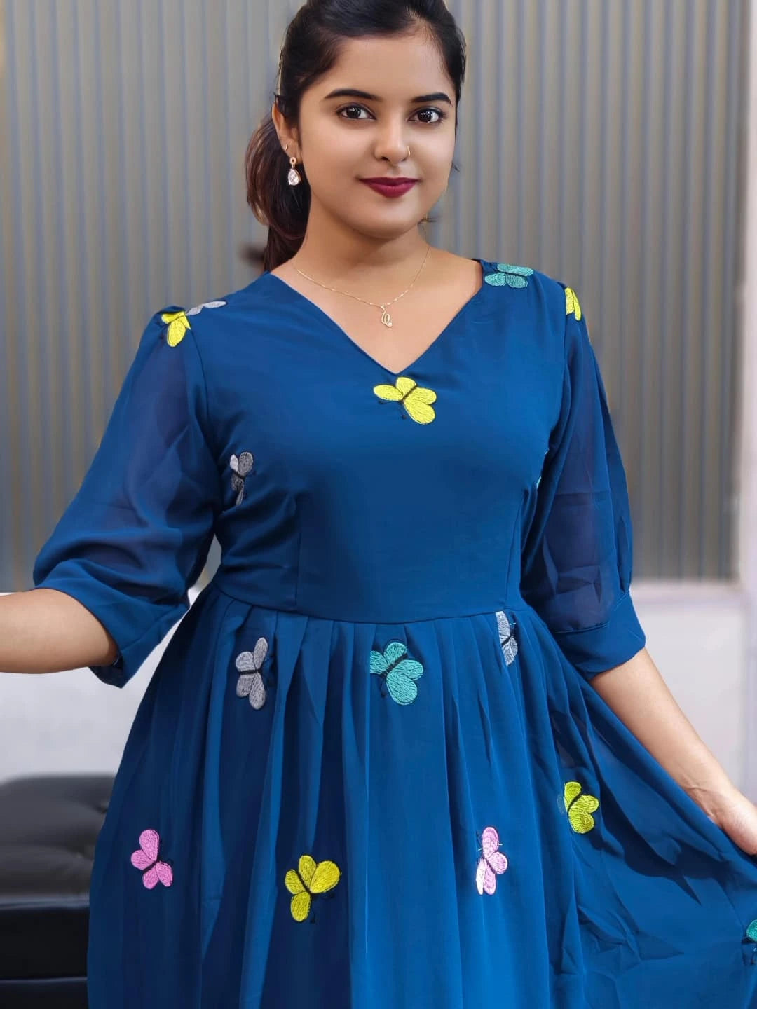 Bhanderi Fashion Embroidered Butterfly Work Georgette Dress For Casual Wear, Partywear , Function Wear, Festival Wear