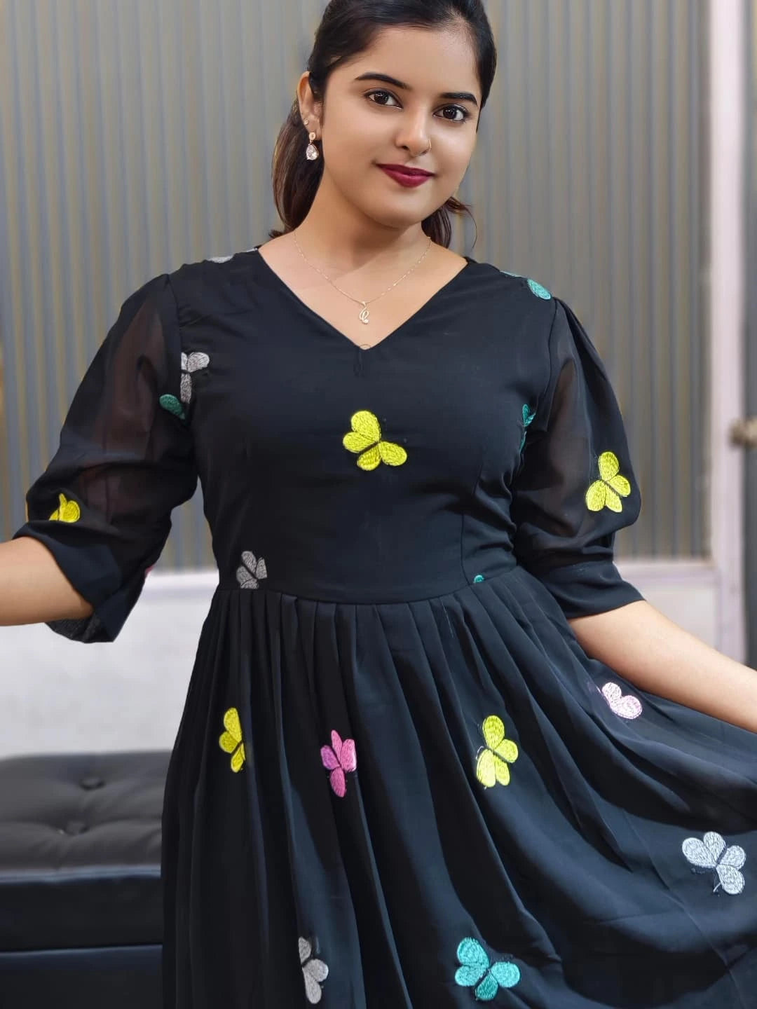Bhanderi Fashion Embroidered Butterfly Work Georgette Dress For Casual Wear, Partywear , Function Wear, Festival Wear