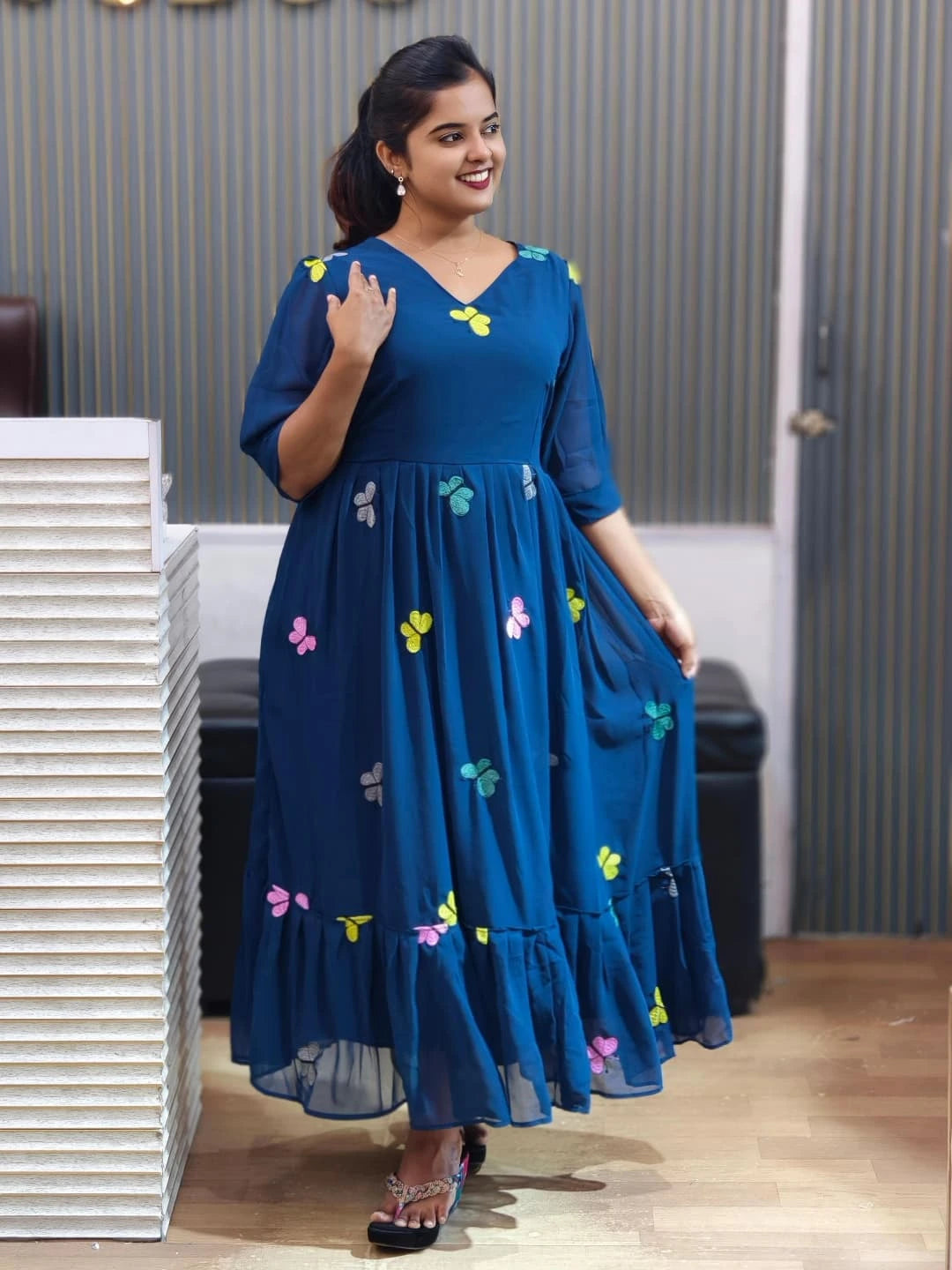 Bhanderi Fashion Embroidered Butterfly Work Georgette Dress For Casual Wear, Partywear , Function Wear, Festival Wear
