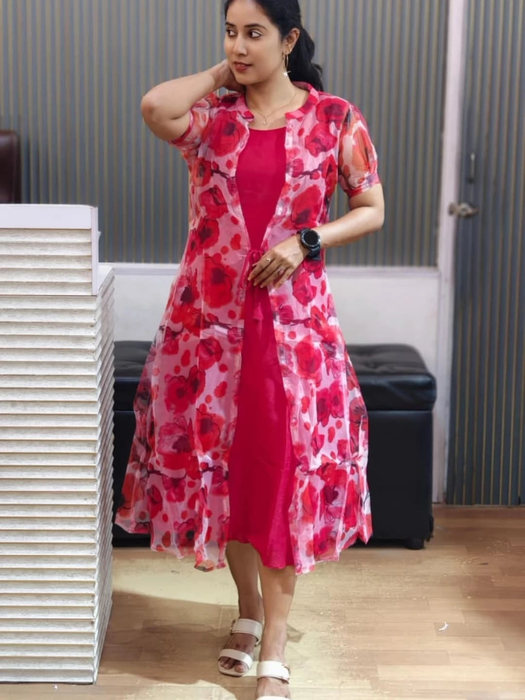 Bhanderi Fashion Orgenza Digital Printed Koti Dress For Traditionally Wear Office Wear, Casual Wear Dress