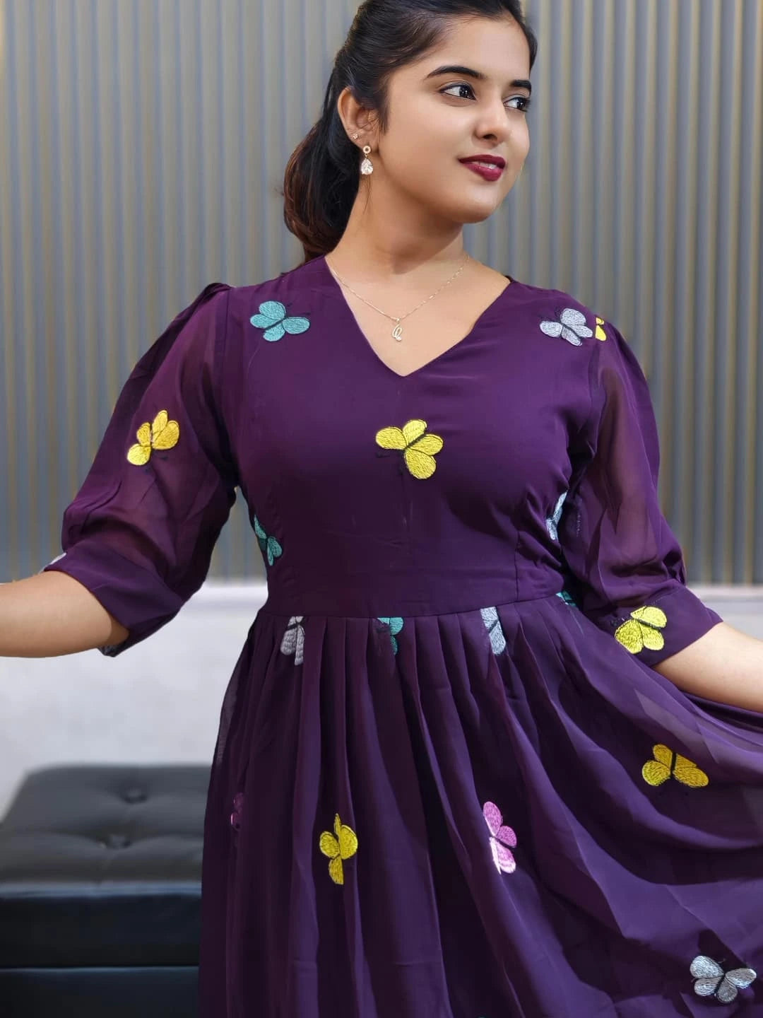 Bhanderi Fashion Embroidered Butterfly Work Georgette Dress For Casual Wear, Partywear , Function Wear, Festival Wear