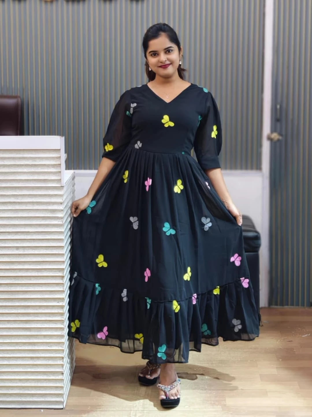 Bhanderi Fashion Embroidered Butterfly Work Georgette Dress For Casual Wear, Partywear , Function Wear, Festival Wear