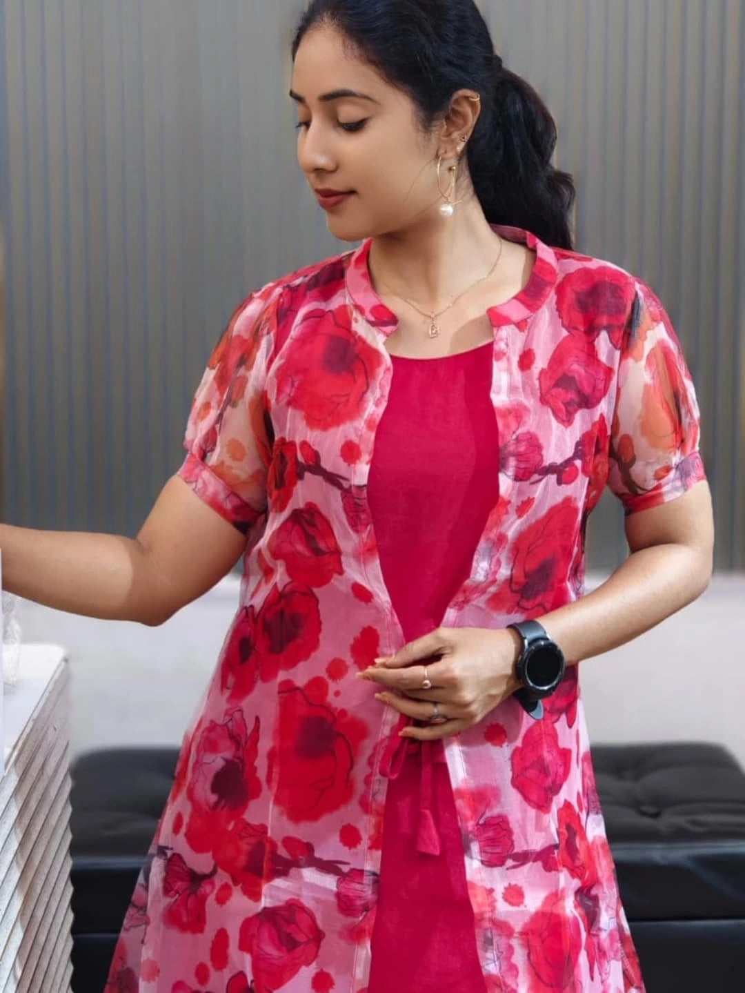 Bhanderi Fashion Orgenza Digital Printed Koti Dress For Traditionally Wear Office Wear, Casual Wear Dress