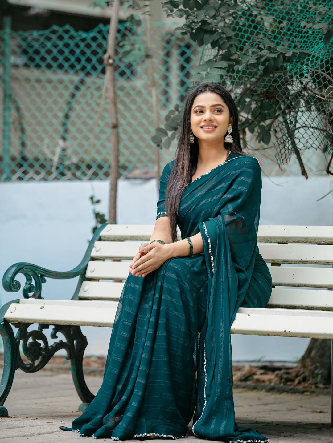 Bhanderi Fashion Moss Chiffon Diamond HotFix Border Saree