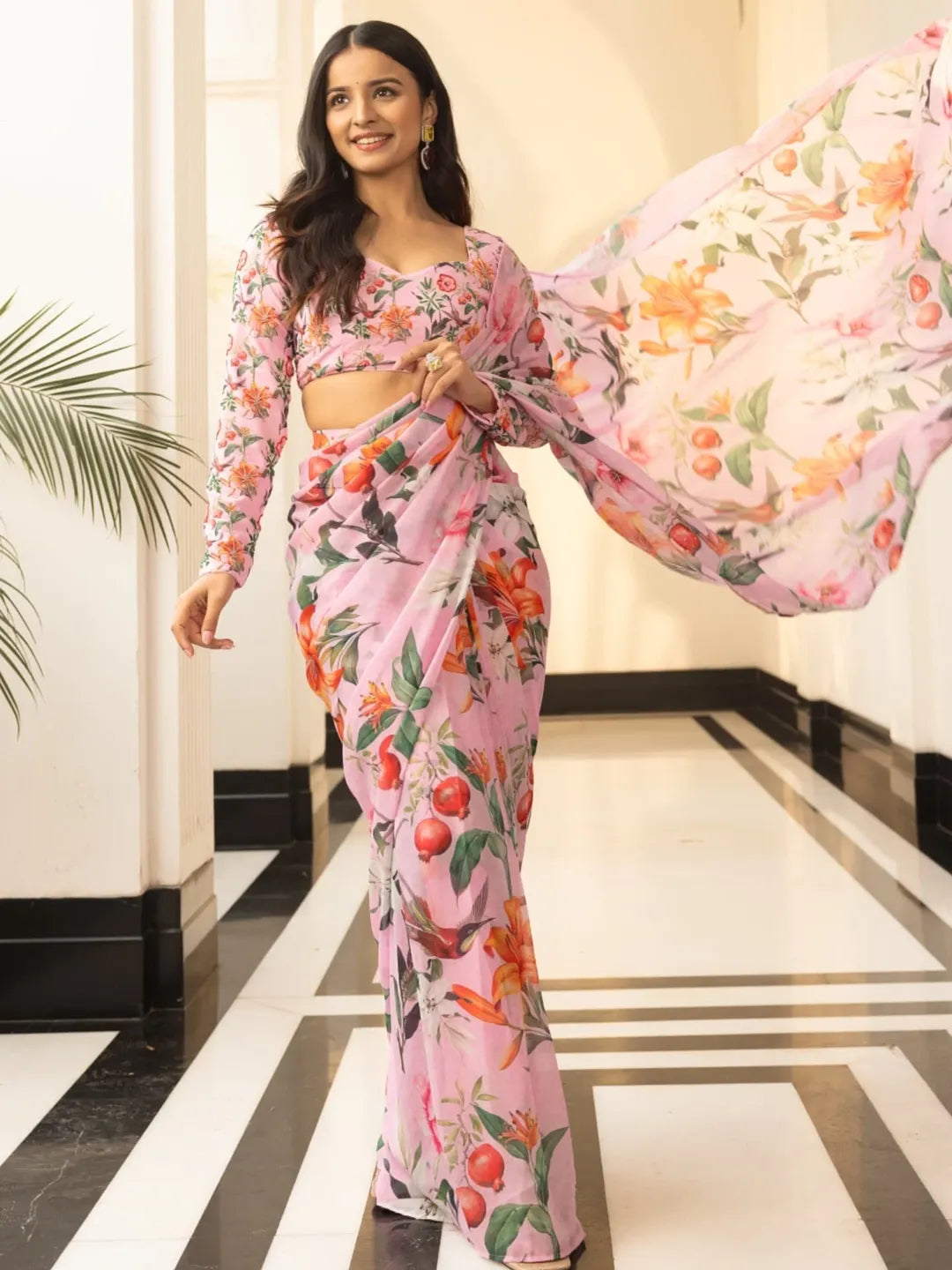 Bhanderi Fashion Pink Pre-Draped Saree, a flawless blend of tradition and modern charm.