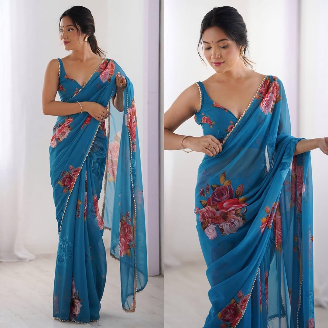 Bhanderi Fashion Digital Printed Georgette Fabric With Moti Lace Border Saree For partywear Casual Wear And Festival Wear