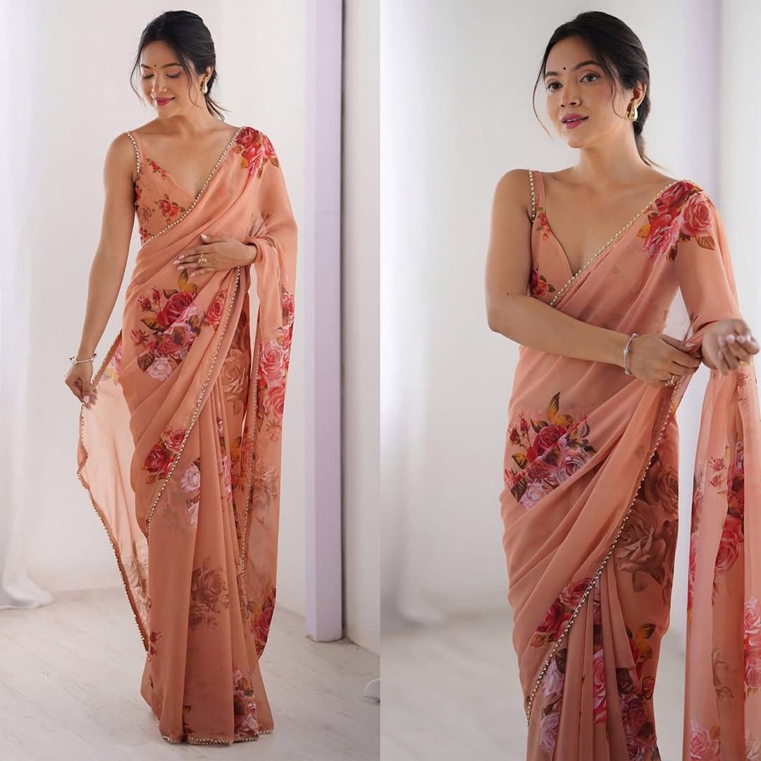 Bhanderi Fashion Digital Printed Georgette Fabric With Moti Lace Border Saree For partywear Casual Wear And Festival Wear