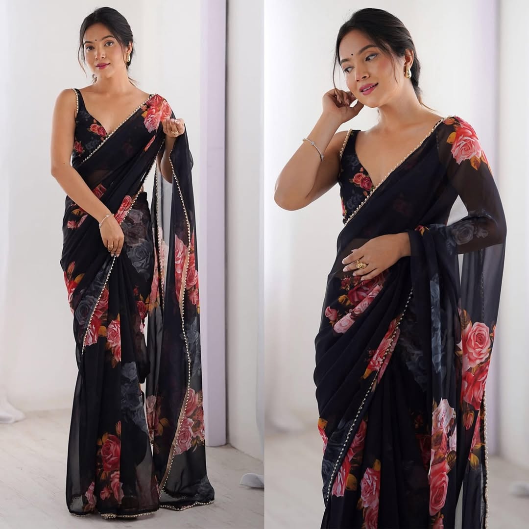 Bhanderi Fashion Digital Printed Georgette Fabric With Moti Lace Border Saree For partywear Casual Wear And Festival Wear