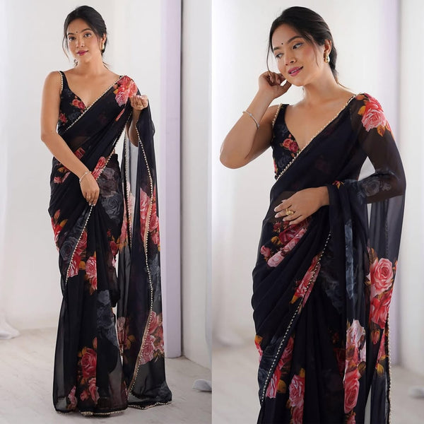 Bhanderi Fashion Digital Printed Georgette Fabric With Moti Lace Border Saree For partywear Casual Wear And Festival Wear