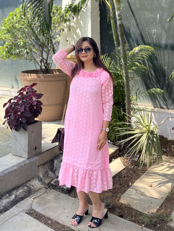 Women A Line Georgette Fabric Neck Gathering Patten Trending Dress For Attractive Look And Casual Look
