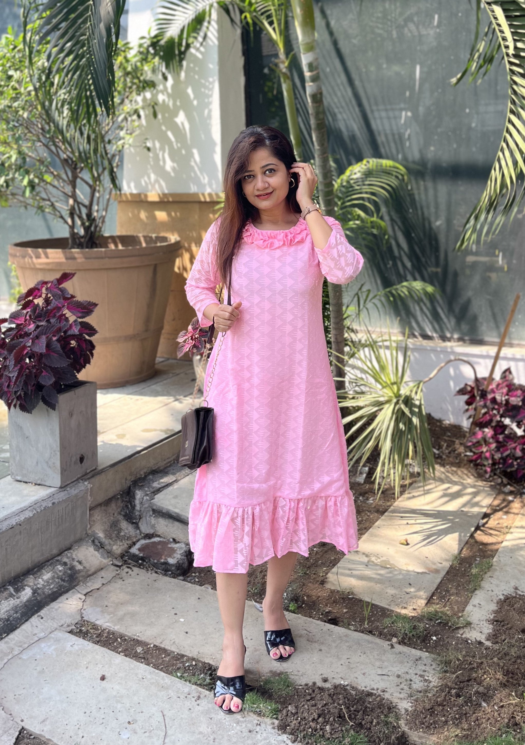 Women A Line Georgette Fabric Neck Gathering Patten Trending Dress For Attractive Look And Casual Look