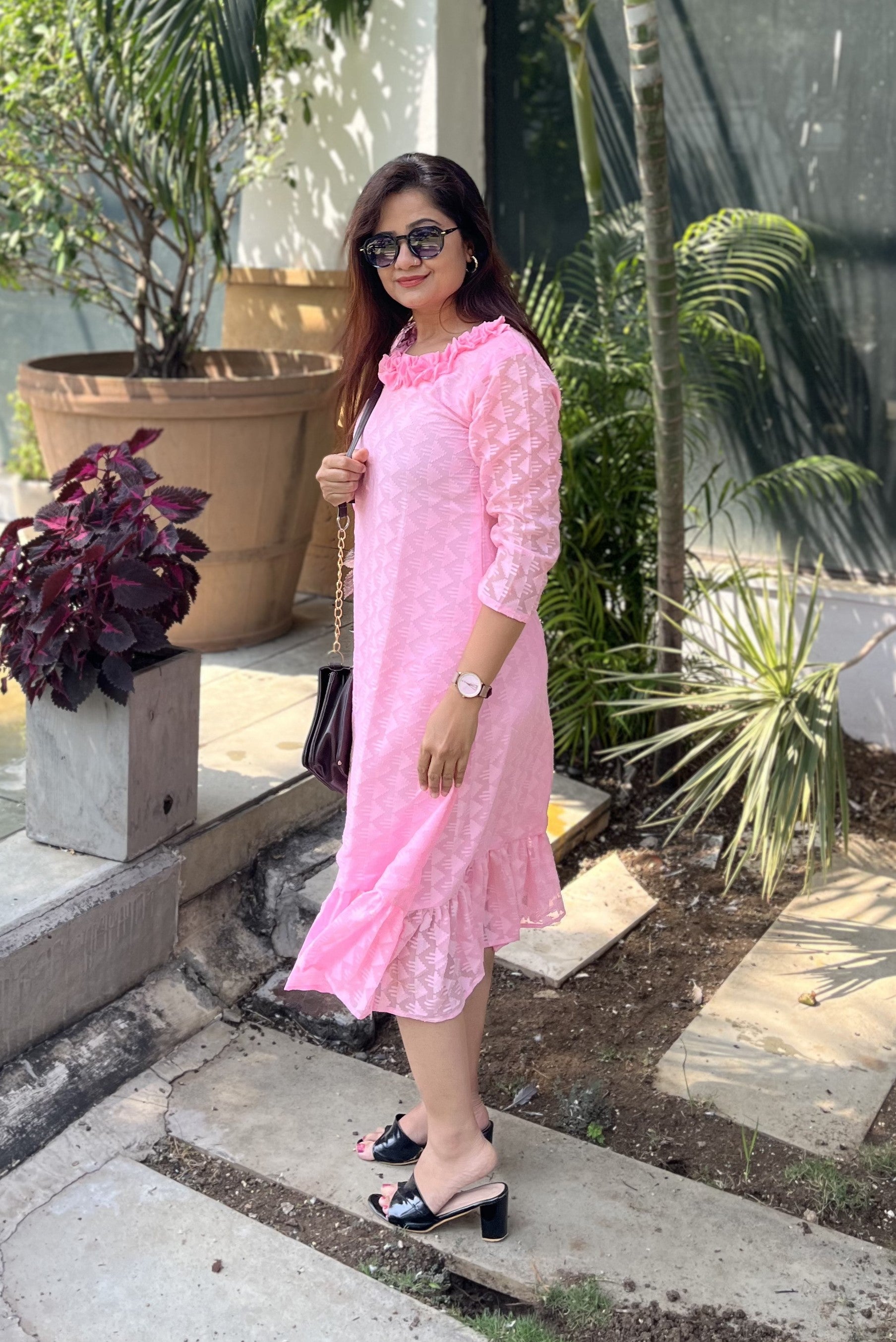 Women A Line Georgette Fabric Neck Gathering Patten Trending Dress For Attractive Look And Casual Look