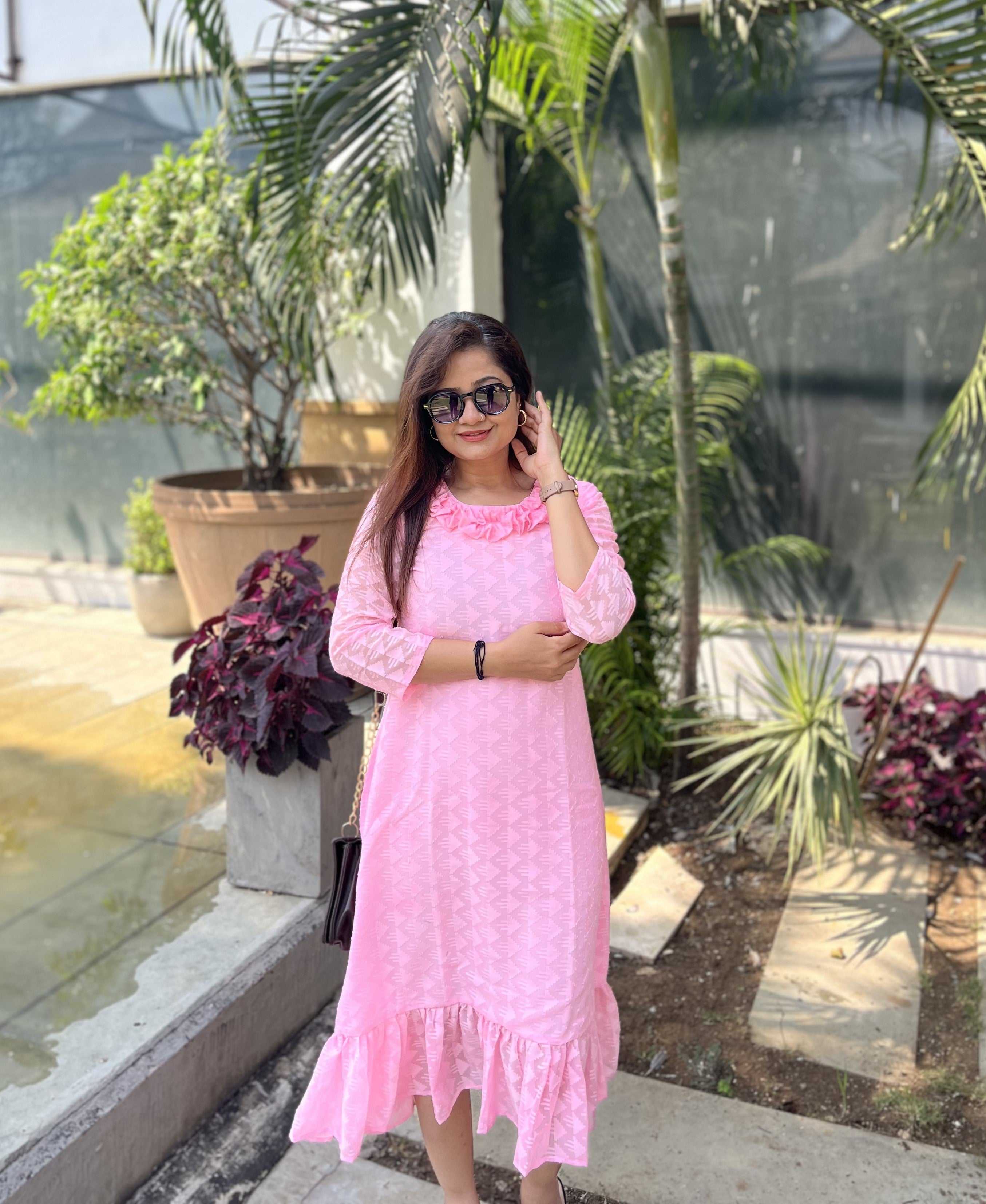 Women A Line Georgette Fabric Neck Gathering Patten Trending Dress For Attractive Look And Casual Look