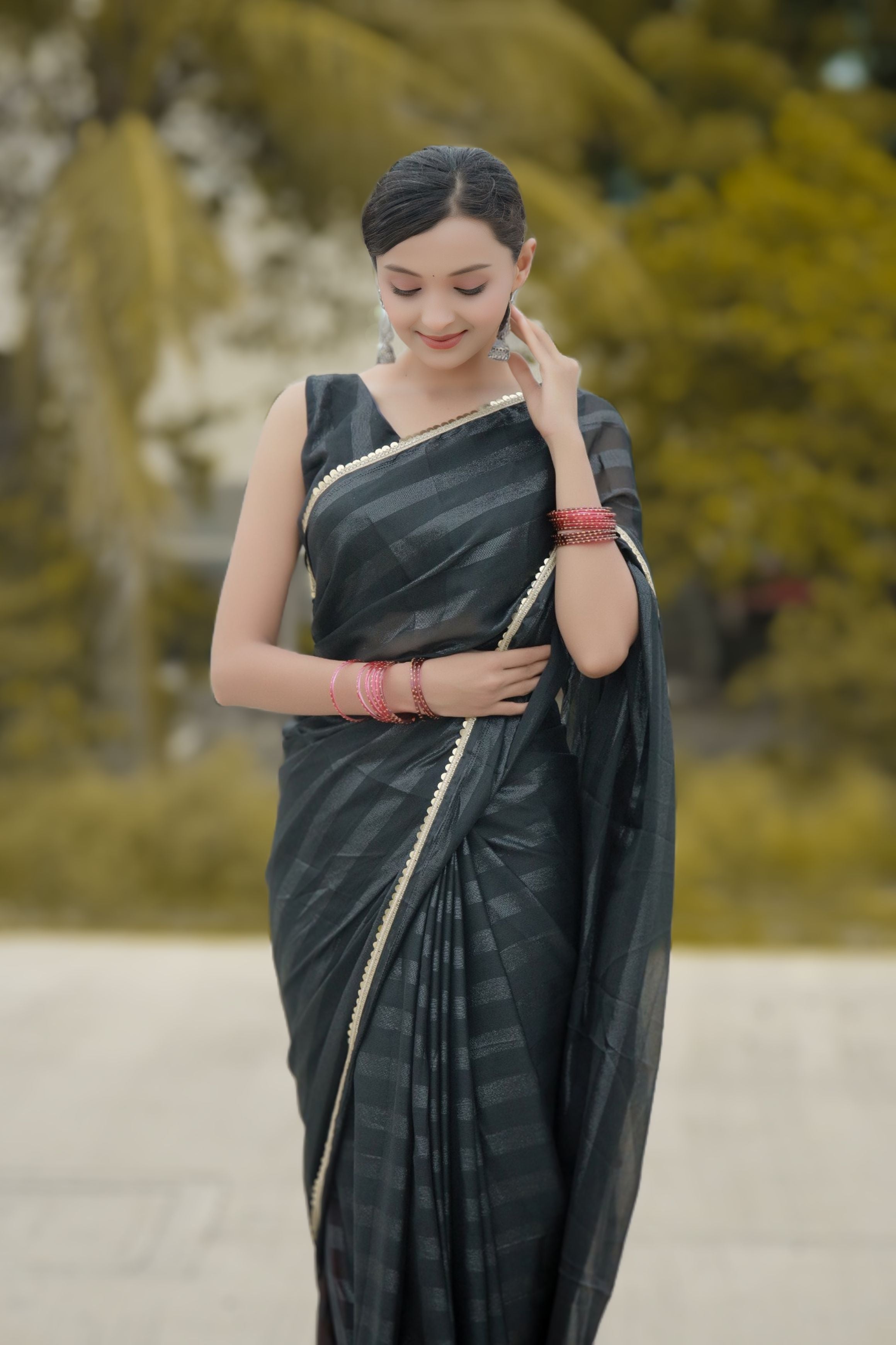 Bhanderi Fashion Moss Chiffon Zari Lining Saree With Sandwich Sequence Lace Border For Casual wear, function wear, and daily wear