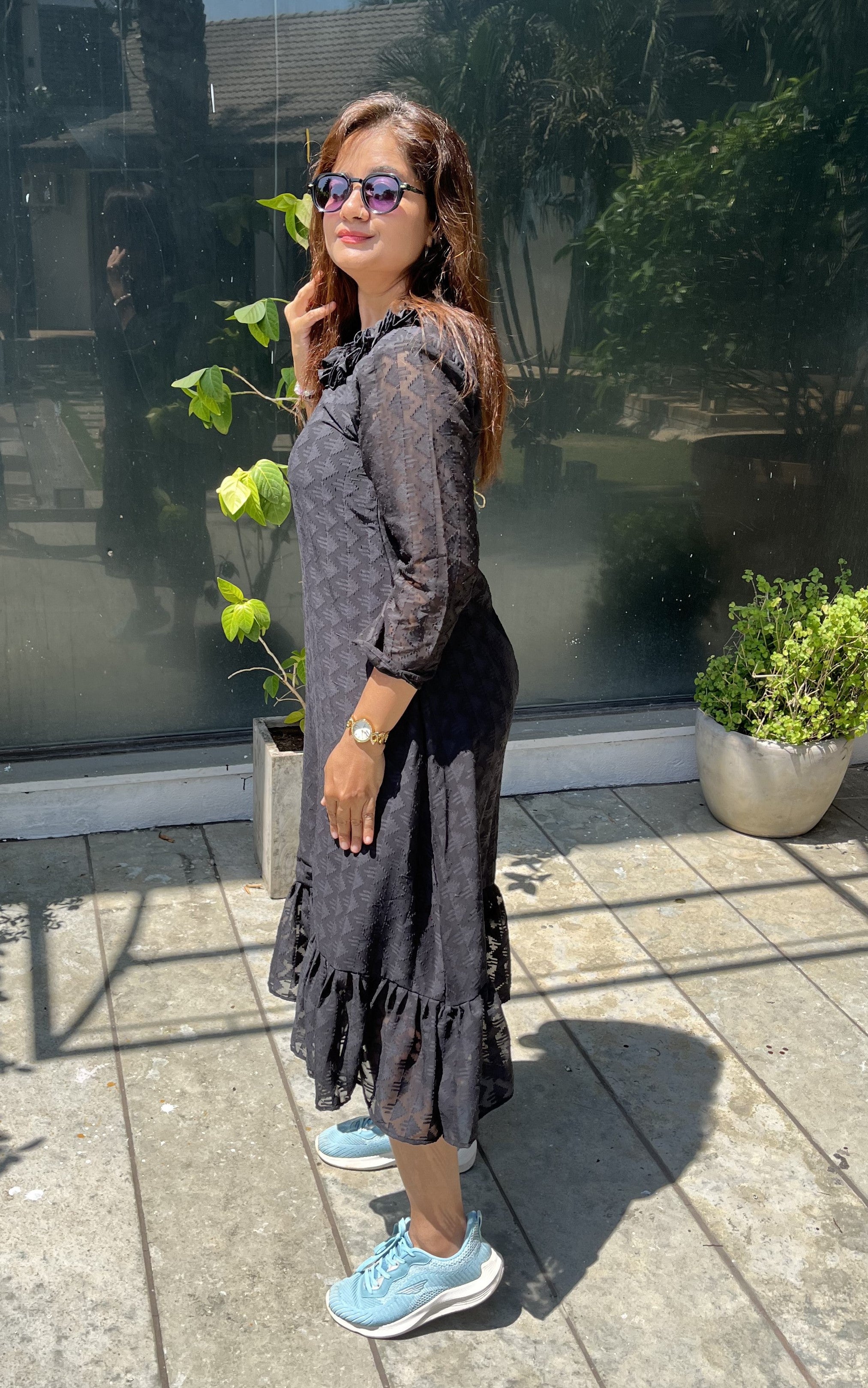 Women A Line Georgette Fabric Neck Gathering Patten Trending Dress For Attractive Look And Casual Look
