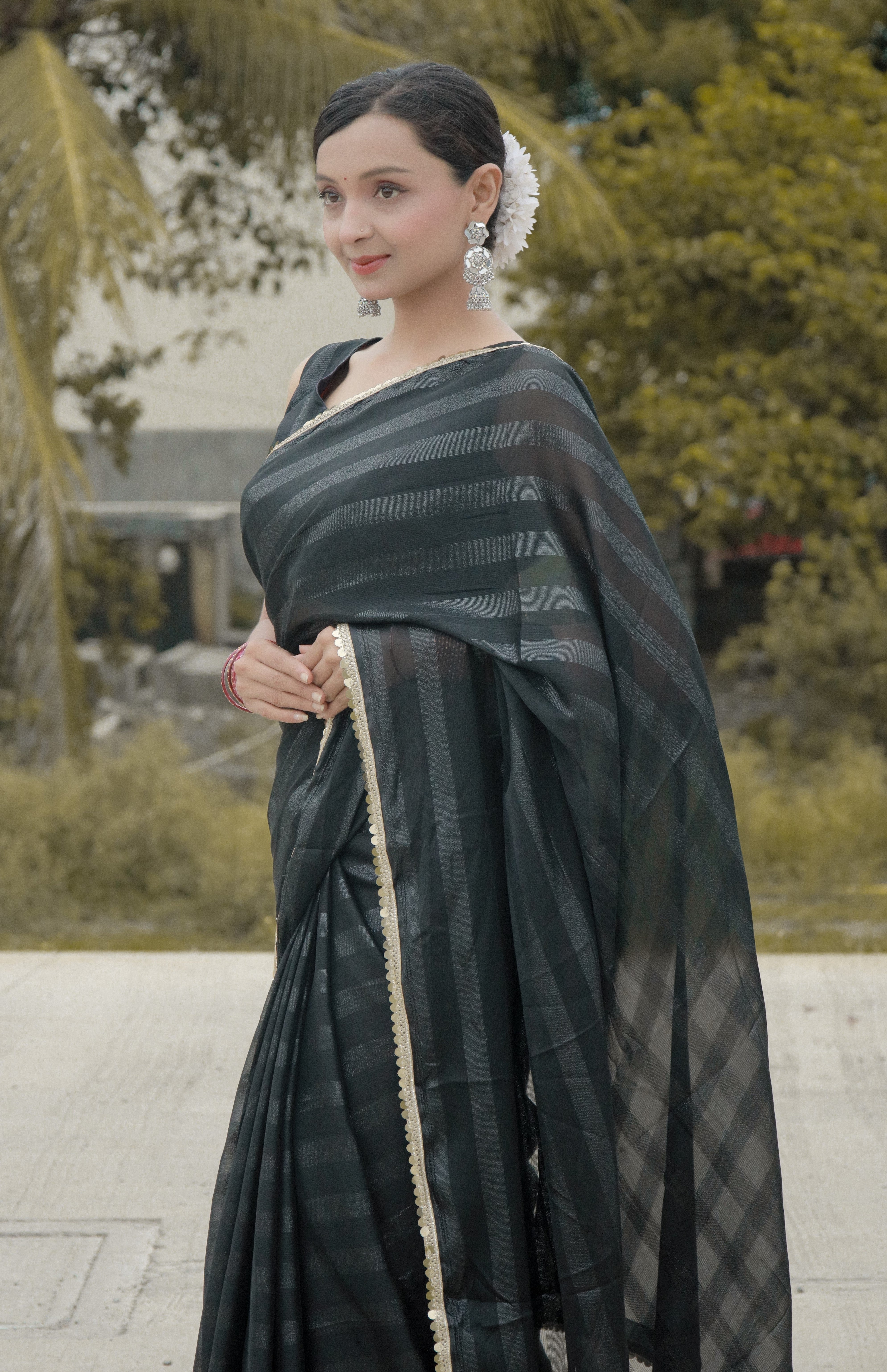 Bhanderi Fashion Moss Chiffon Zari Lining Saree With Sandwich Sequence Lace Border For Casual wear, function wear, and daily wear