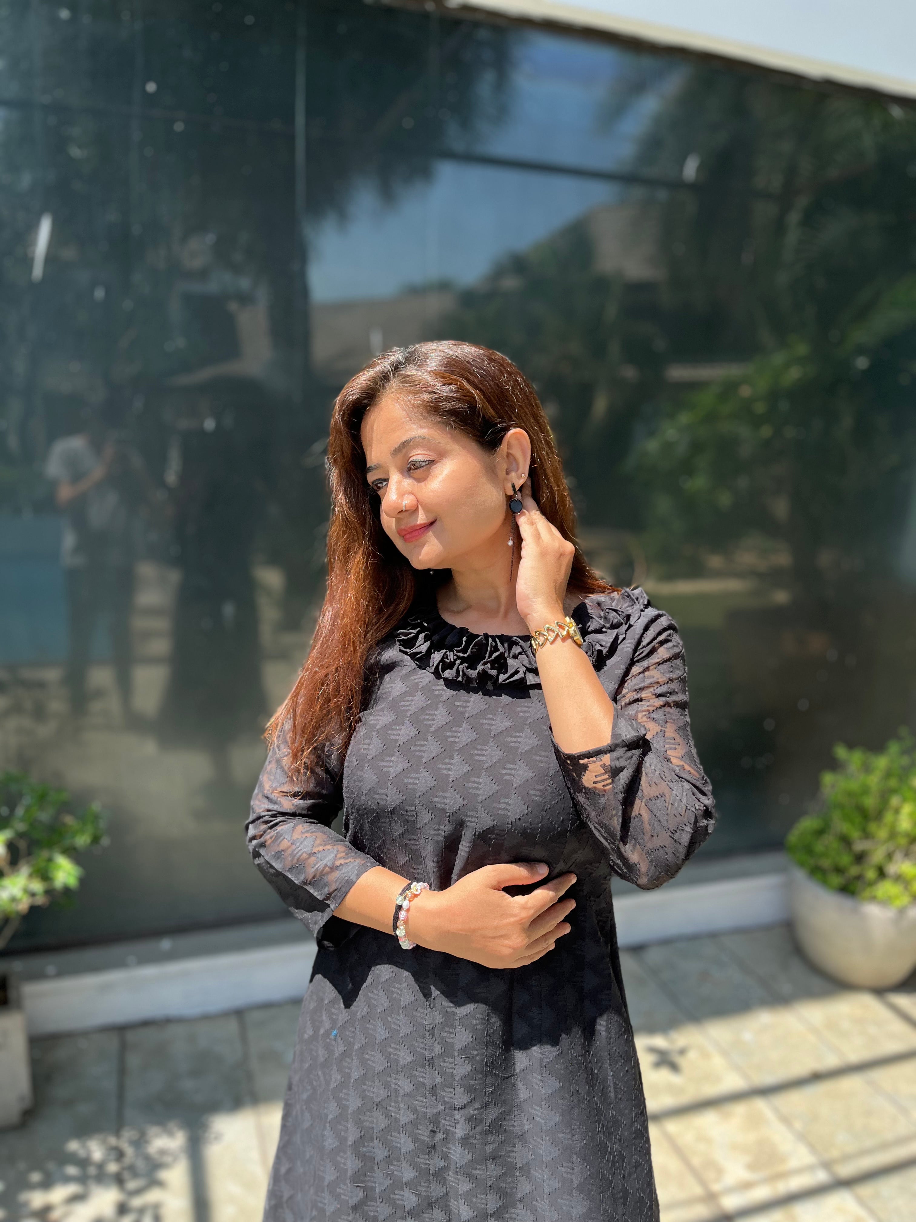 Women A Line Georgette Fabric Neck Gathering Patten Trending Dress For Attractive Look And Casual Look