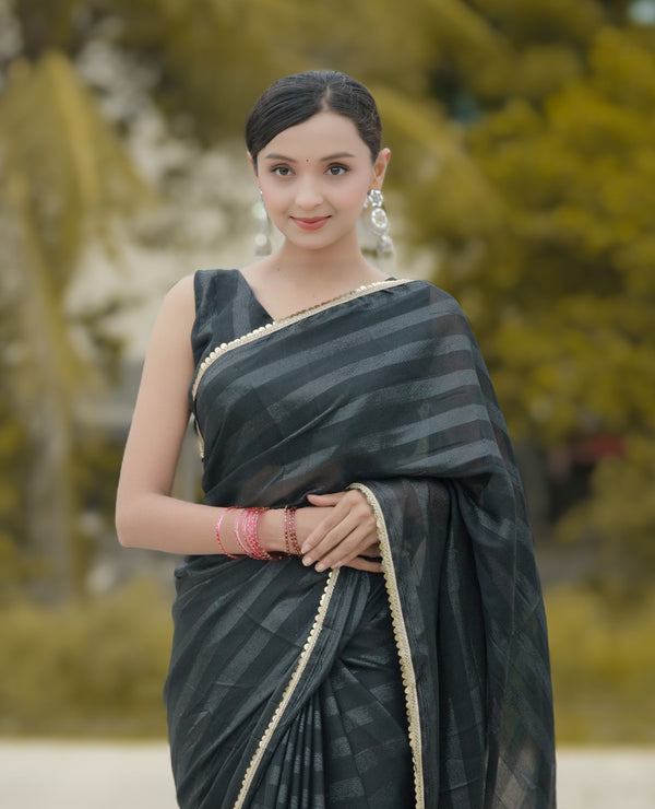 Bhanderi Fashion Moss Chiffon Zari Lining Saree With Sandwich Sequence Lace Border For Casual wear, function wear, and daily wear