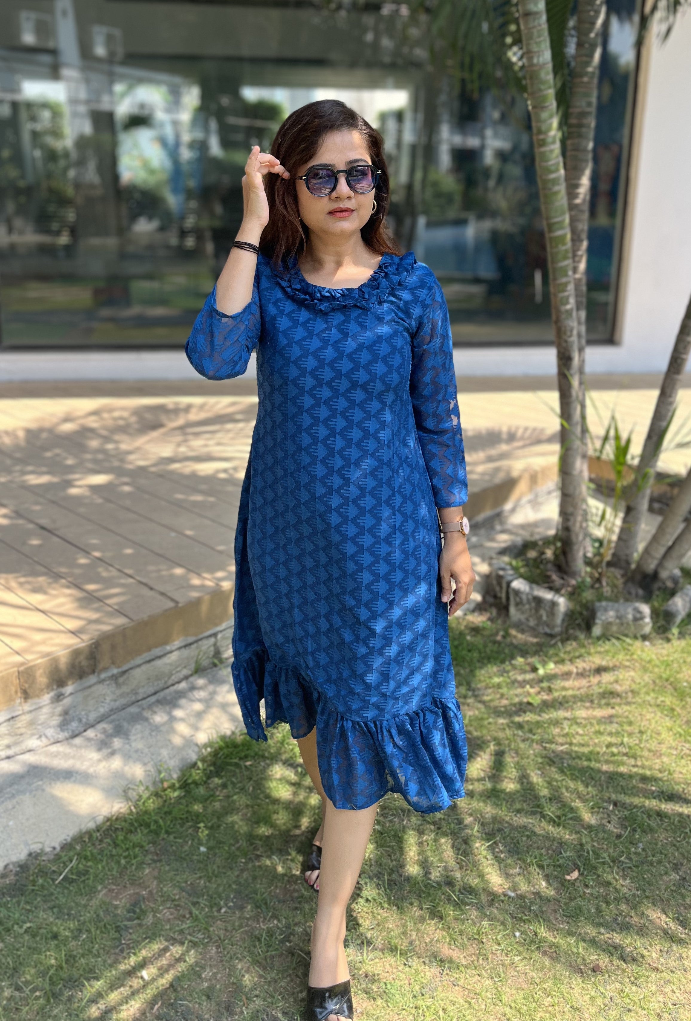 Women A Line Georgette Fabric Neck Gathering Patten Trending Dress For Attractive Look And Casual Look