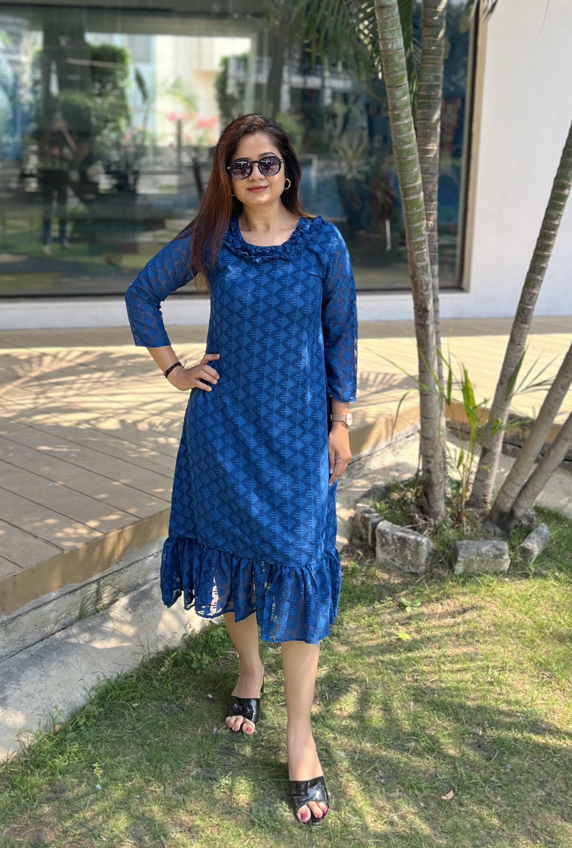Women A Line Georgette Fabric Neck Gathering Patten Trending Dress For Attractive Look And Casual Look