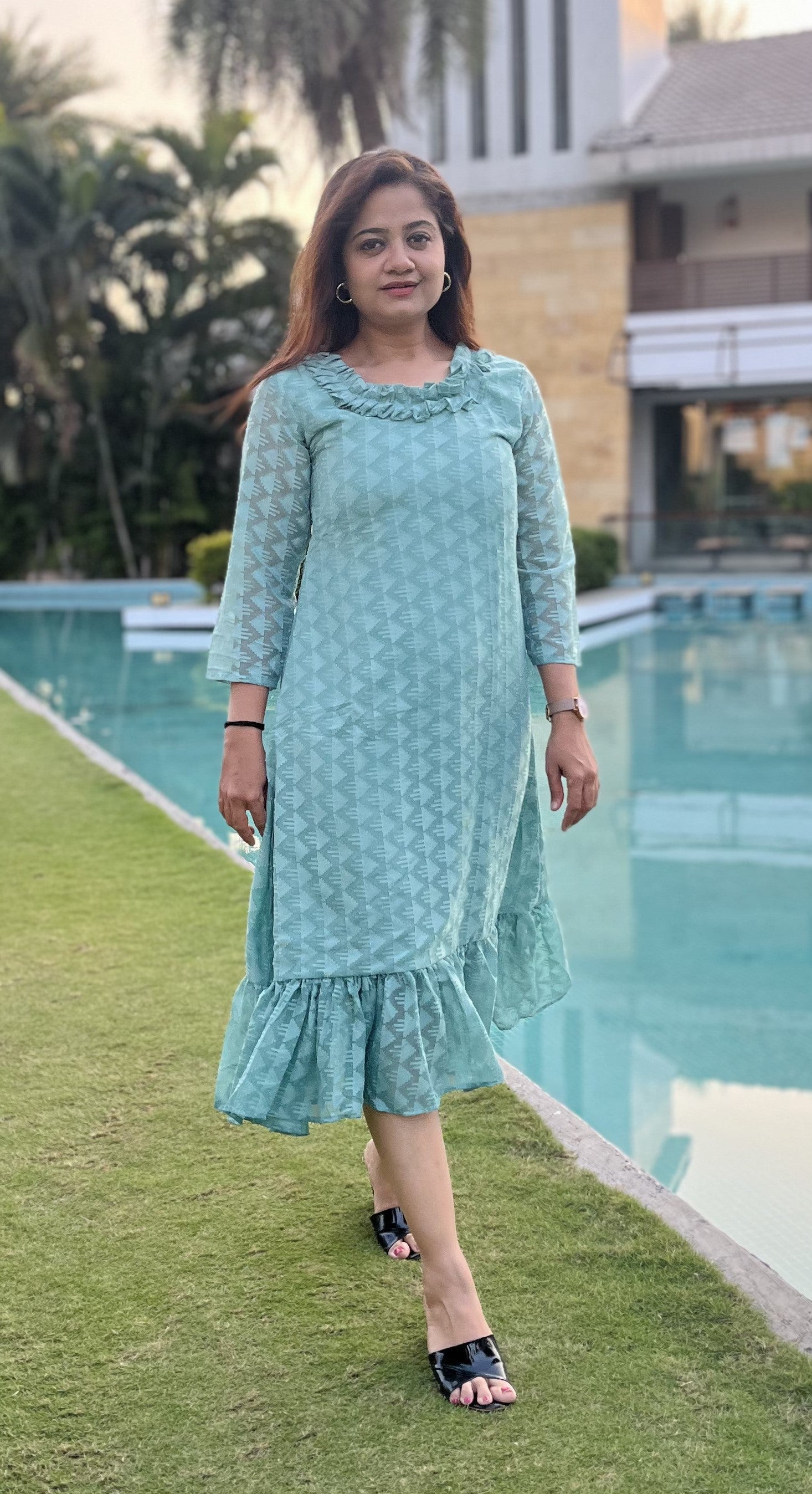 Women A Line Georgette Fabric Neck Gathering Patten Trending Dress For Attractive Look And Casual Look